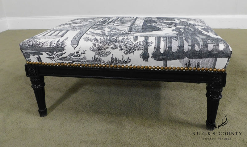 French Louis XVI Custom Black Ebonized Footstool, Toile Upholstery