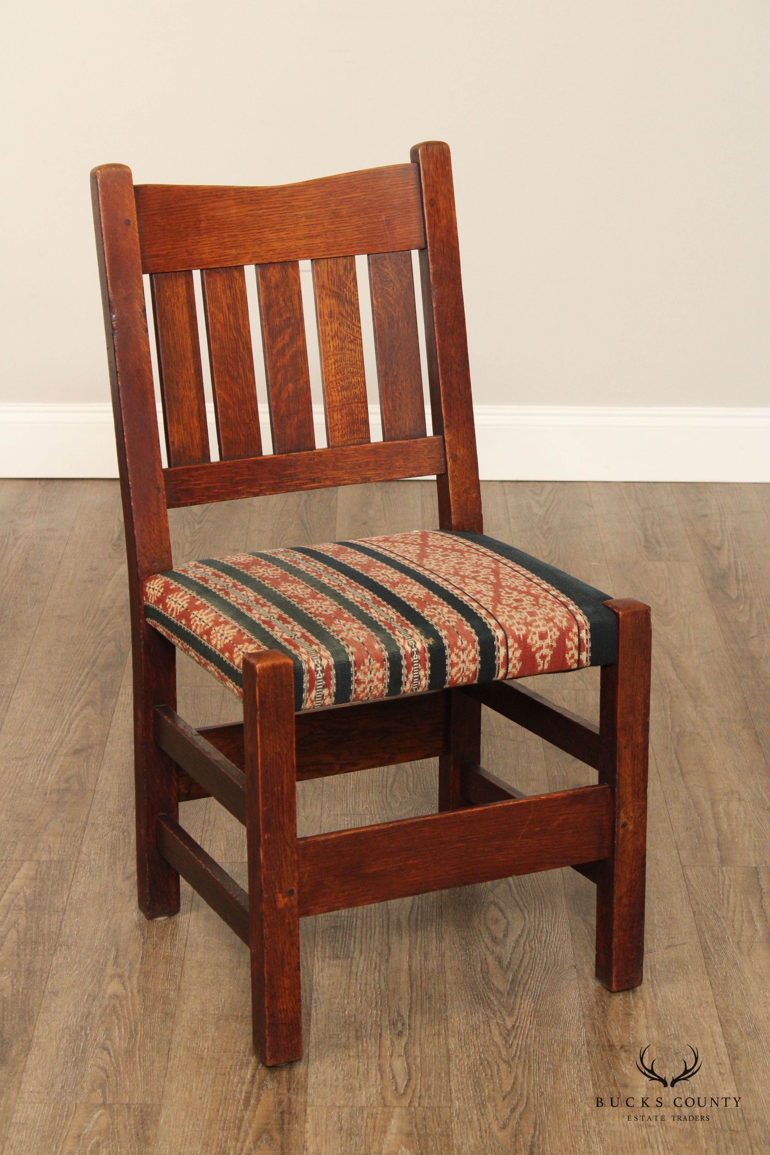 GUSTAV STICKLEY ANTIQUE MISSION PAIR OAK V BACK SIDE CHAIRS