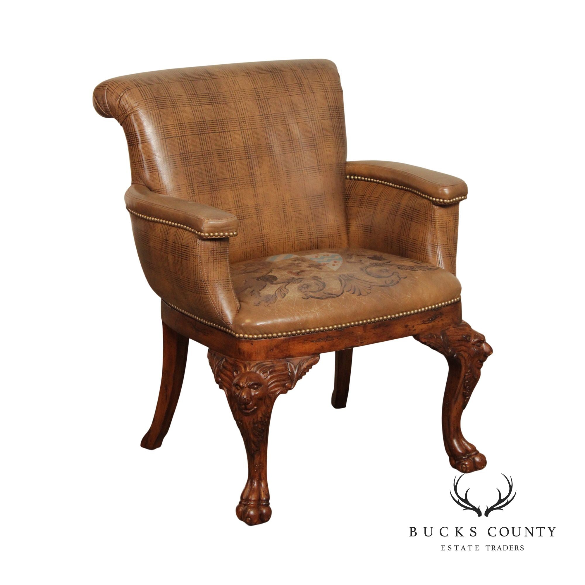 Ferguson Copeland Georgian Style Carved Wood and Tooled Leather Armchair