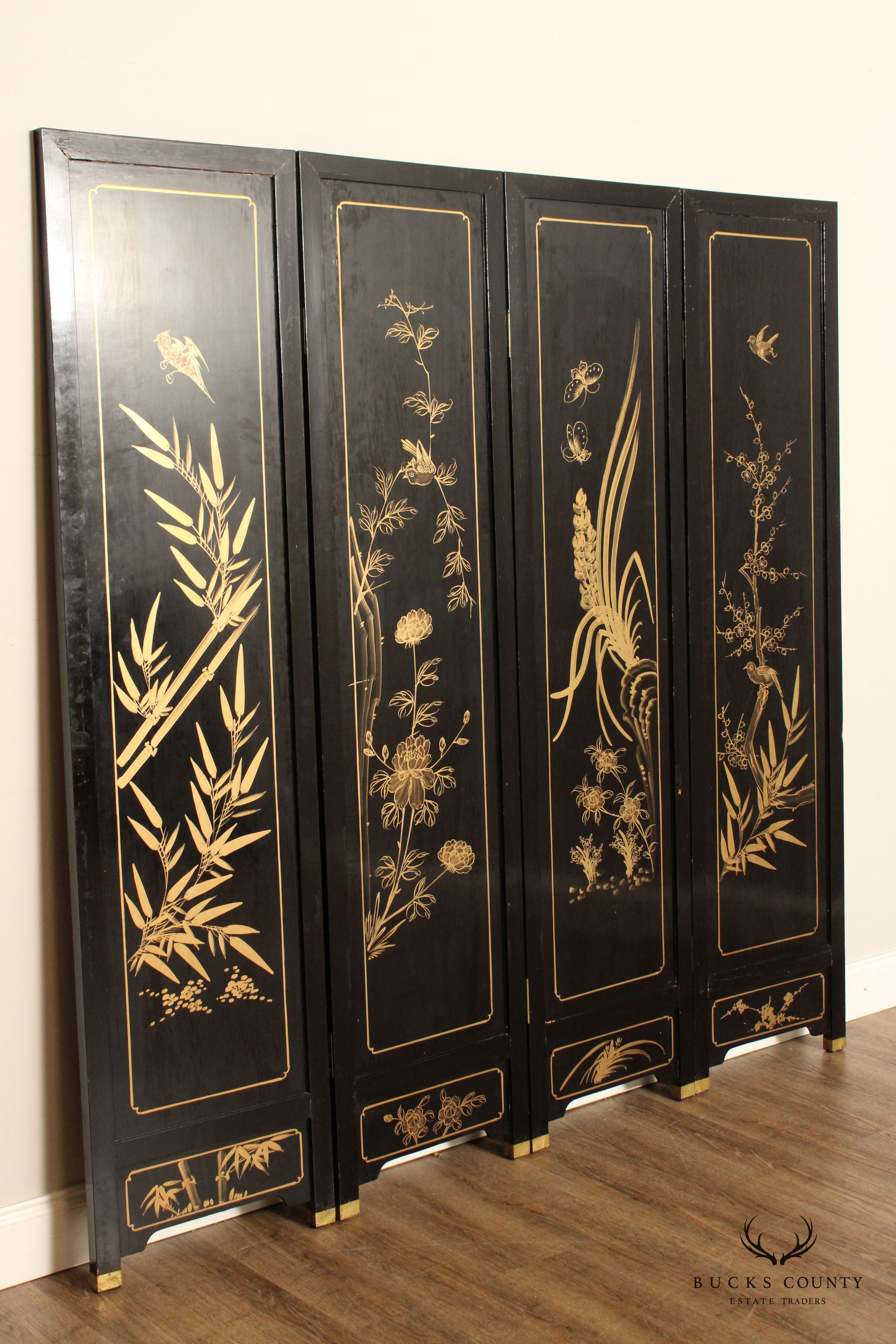 Asian Decorated Black Lacquer Four-Panel Folding Screen