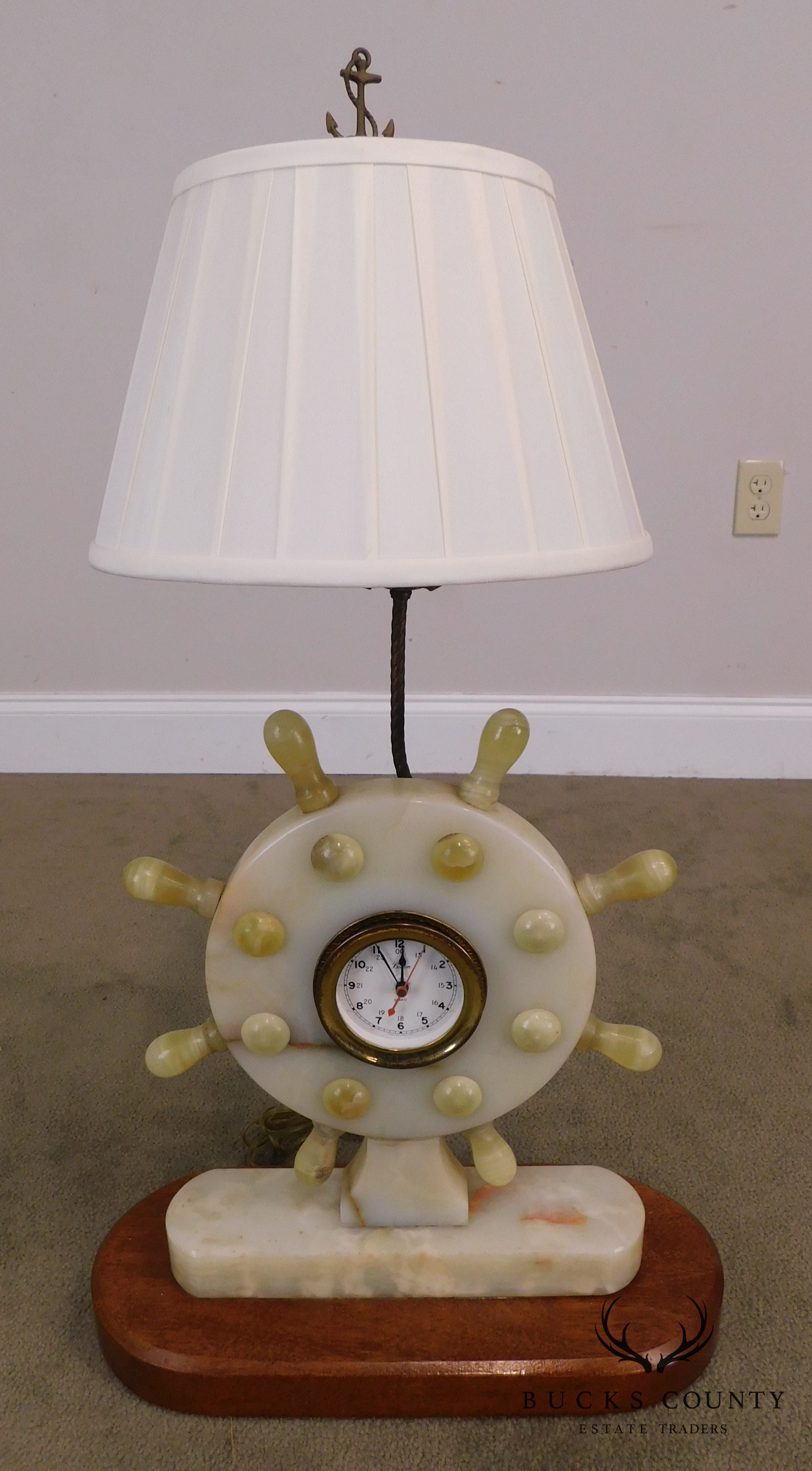 Vintage Nautical Onyx Ships Wheel Table Lamp Clock