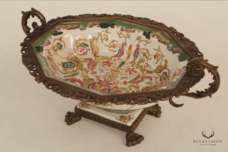 Chinoiserie Style Brass Mounted Porcelain Centerpiece Bowl