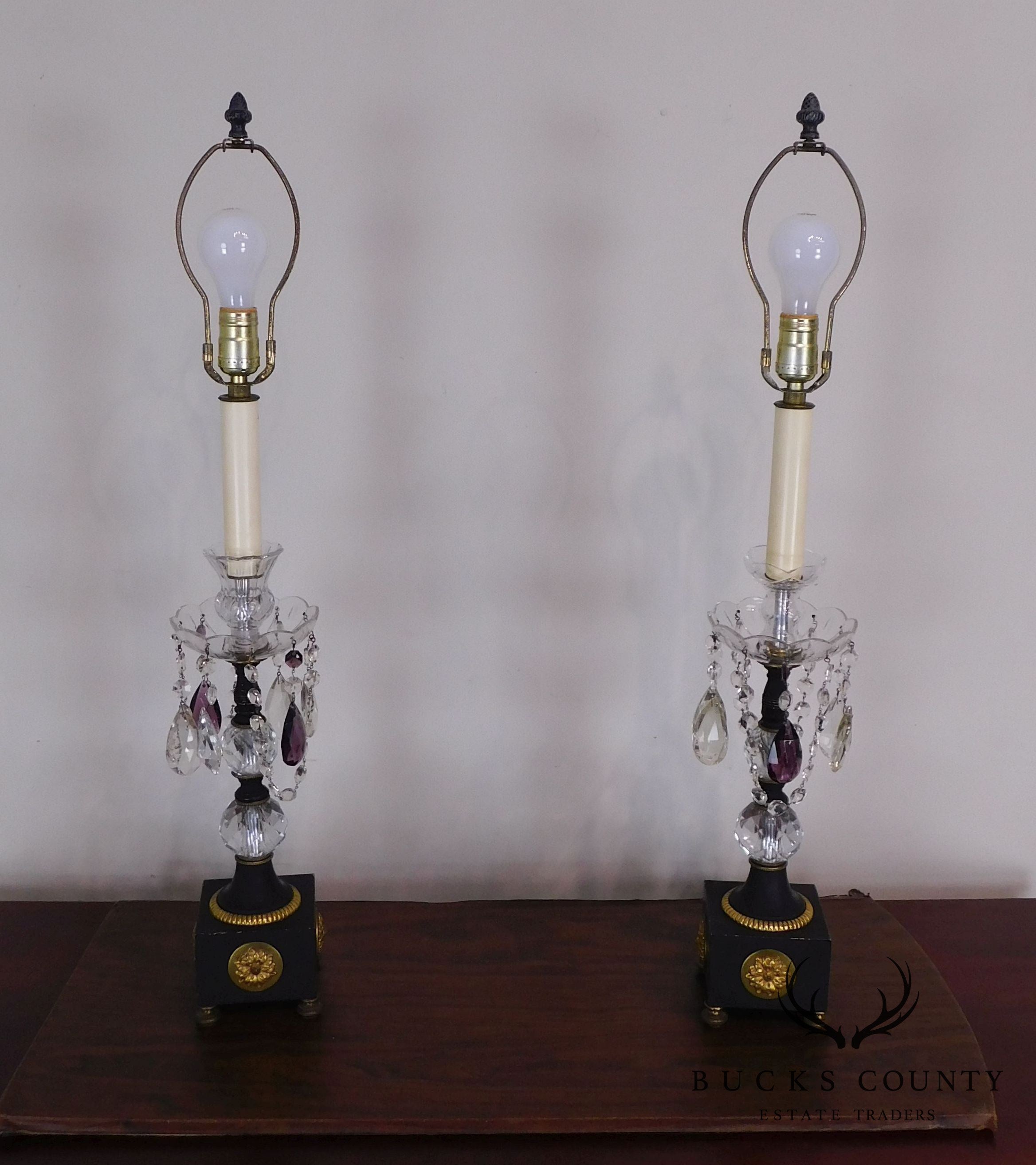 Pair French Empire Table Lamps with Fabric Shades, Turned Stems with Faceted Crystal Balls