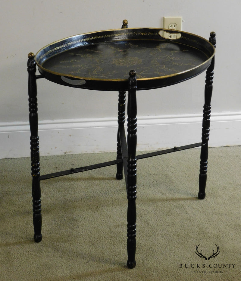 Vintage Hand Painted Tole Tray Table on Folding Metal Base