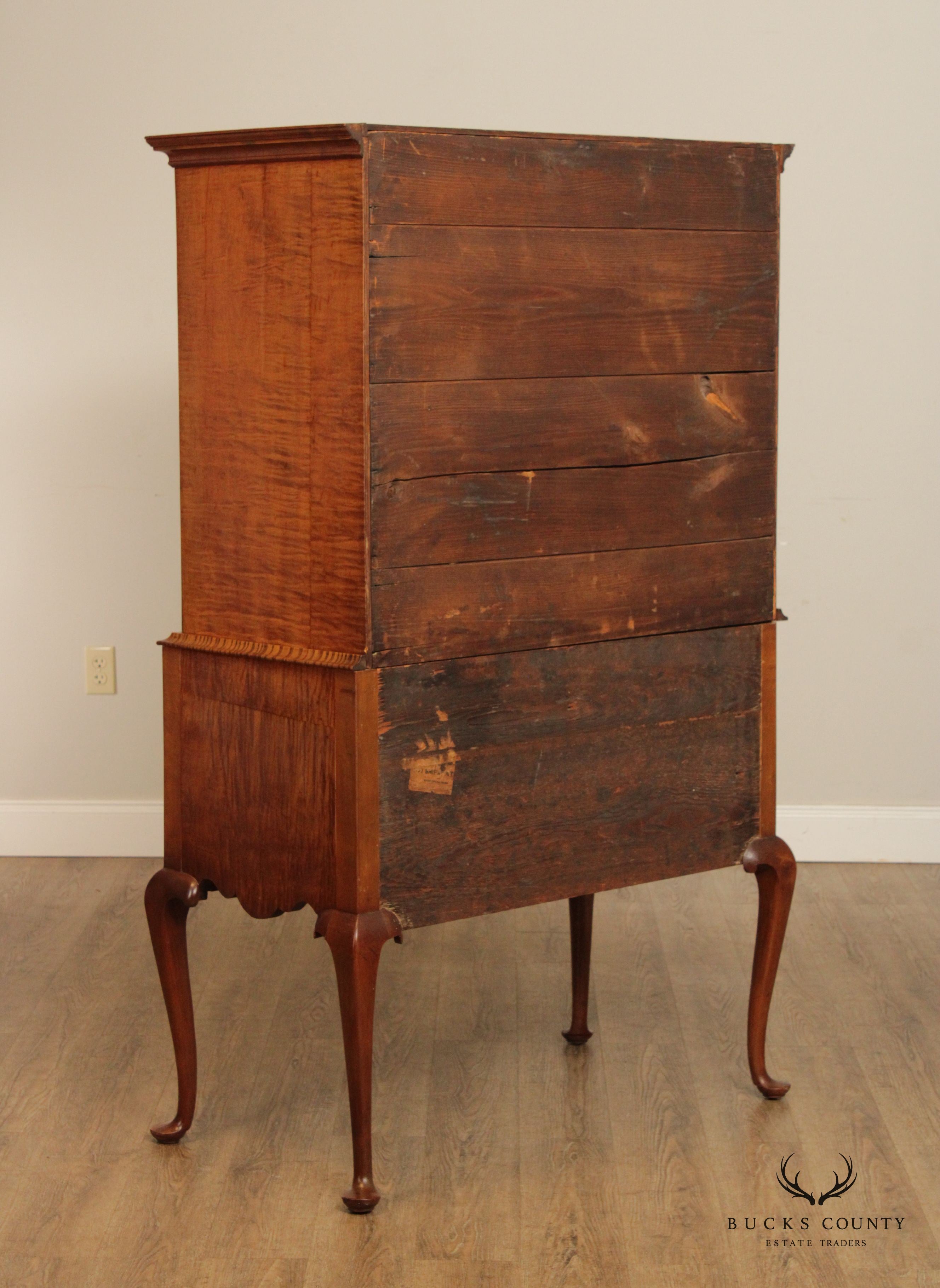 Antique New England Queen Anne Tiger Maple Highboy