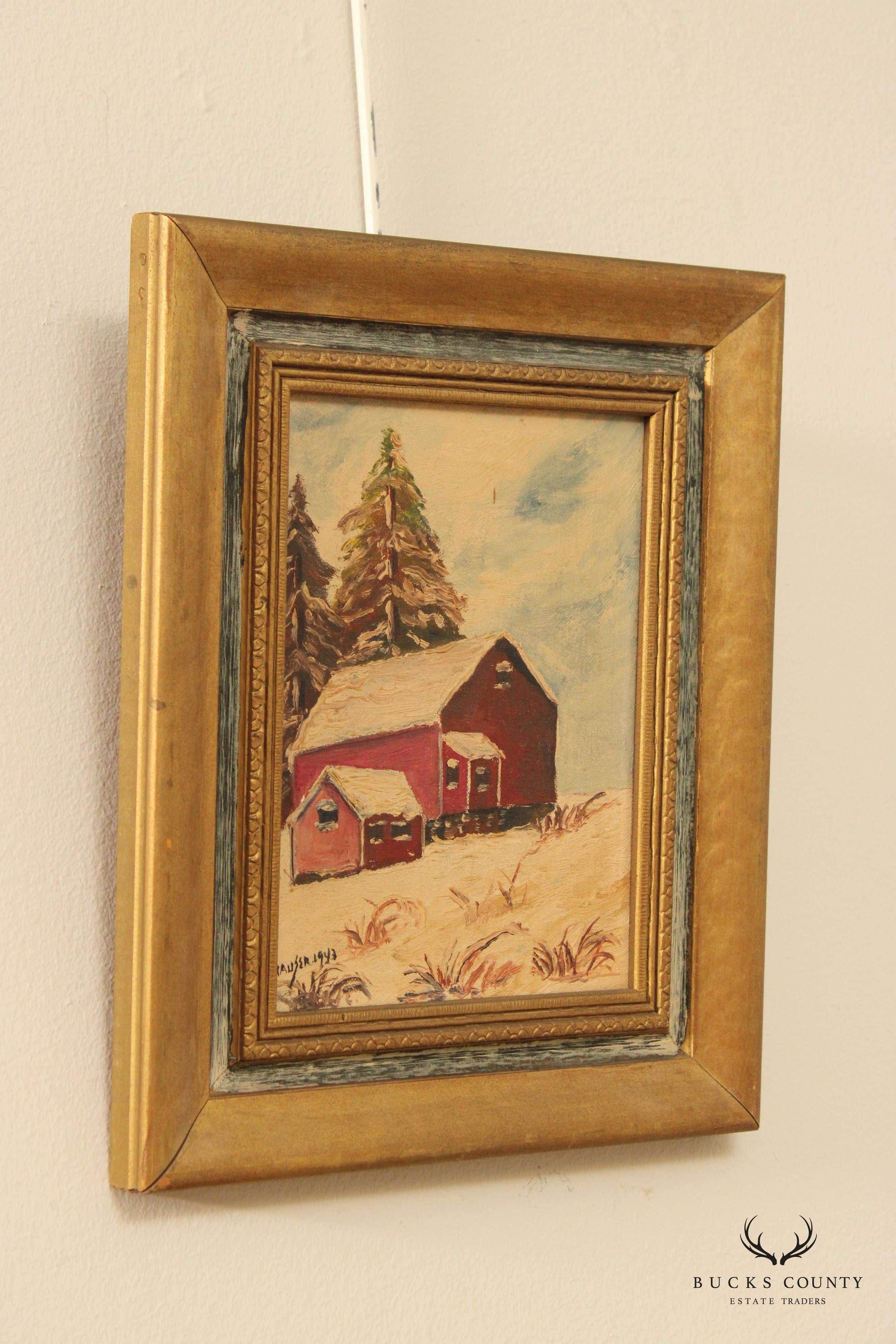 Vintage 1940s Barn Original Oil Painting, Custom Framed