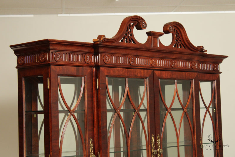 Federal Style Carved Mahogany Lighted Breakfront China Cabinet