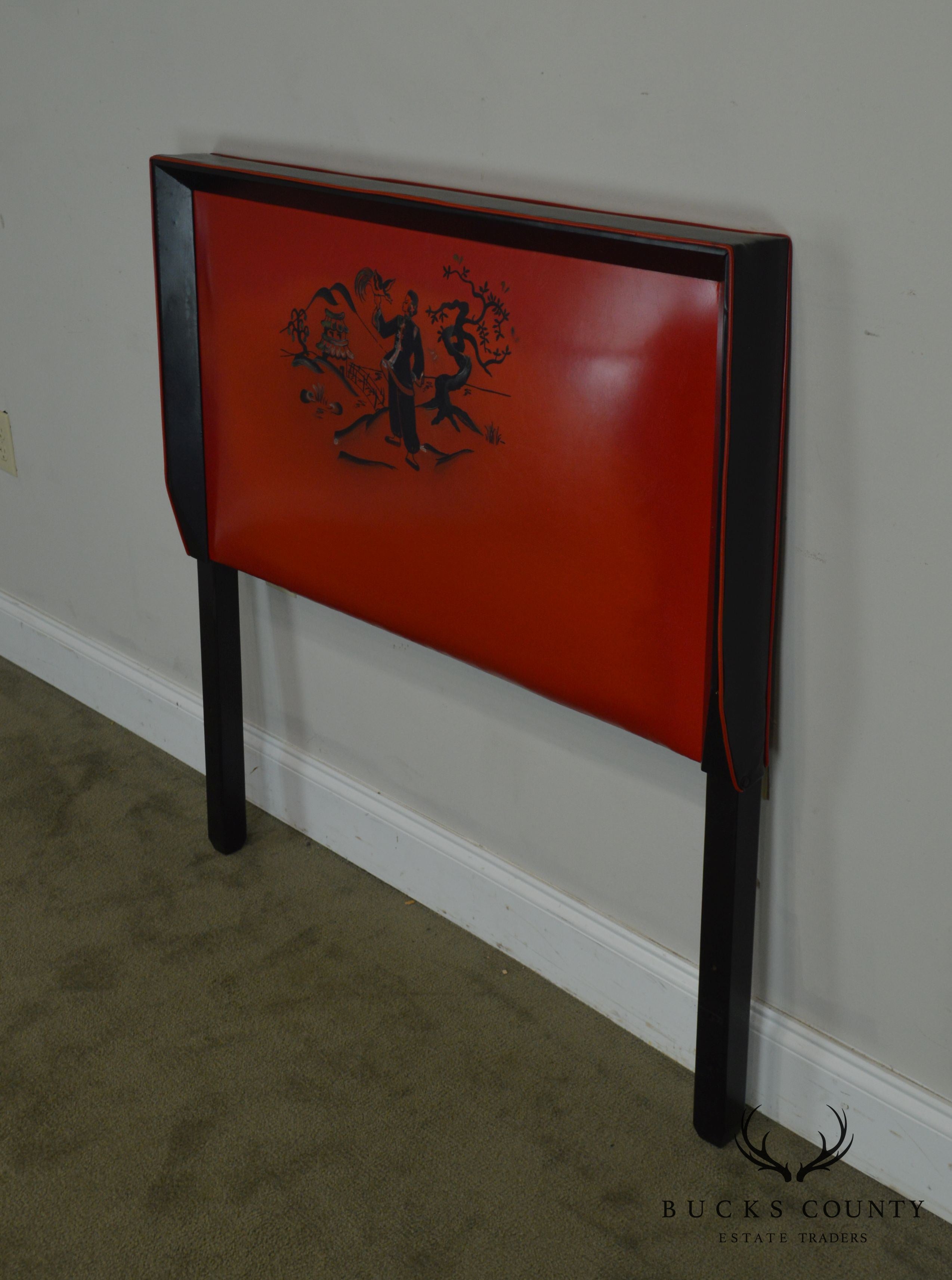 Mid Century Asian Influenced Red & Black Vinyl Twin Headboard