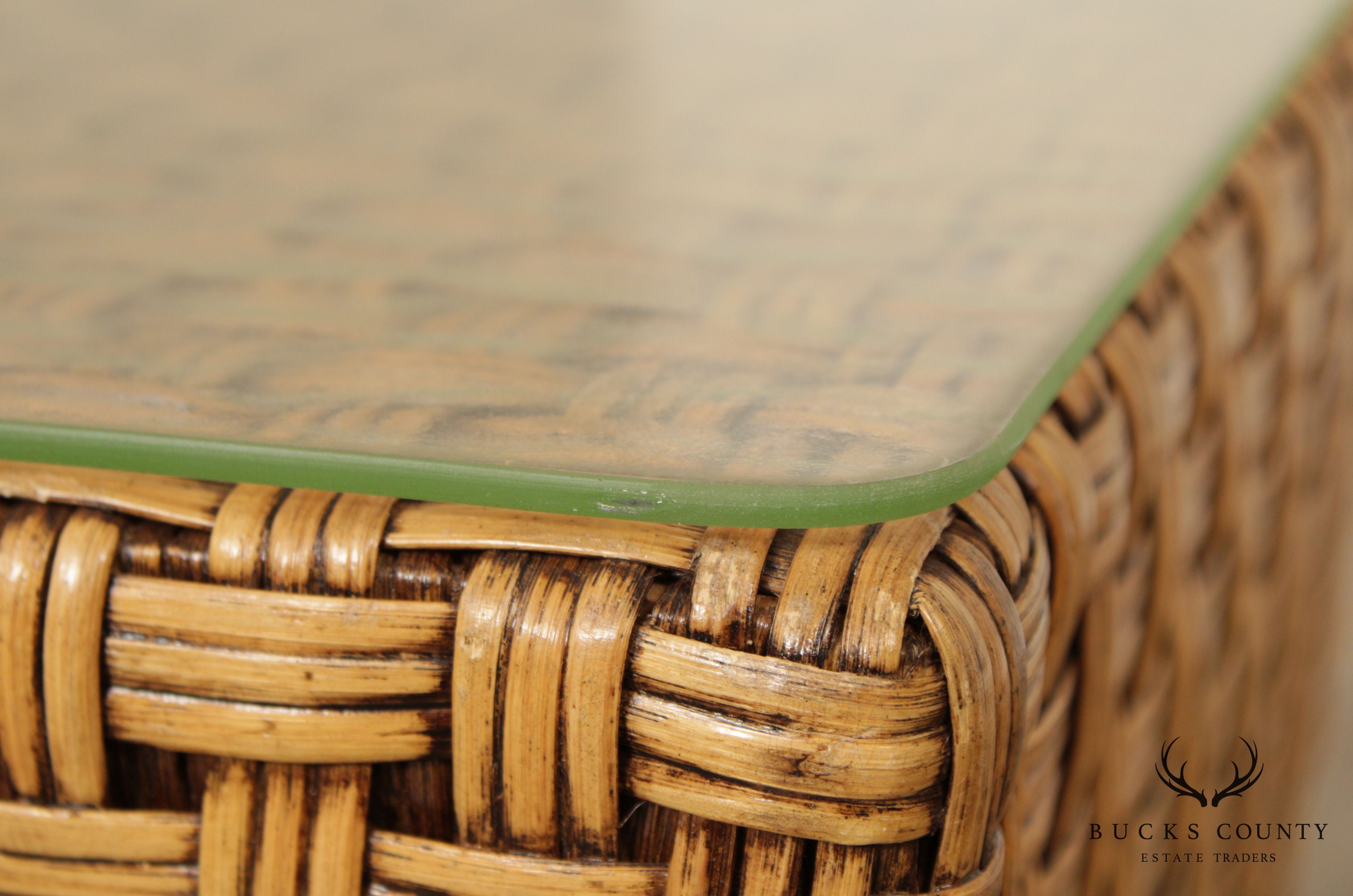 Vintage Woven Wicker Square Glass Top Side Table