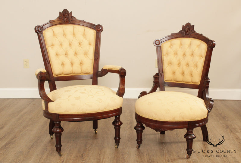Antique Victorian His & Hers Pair Walnut Armchairs