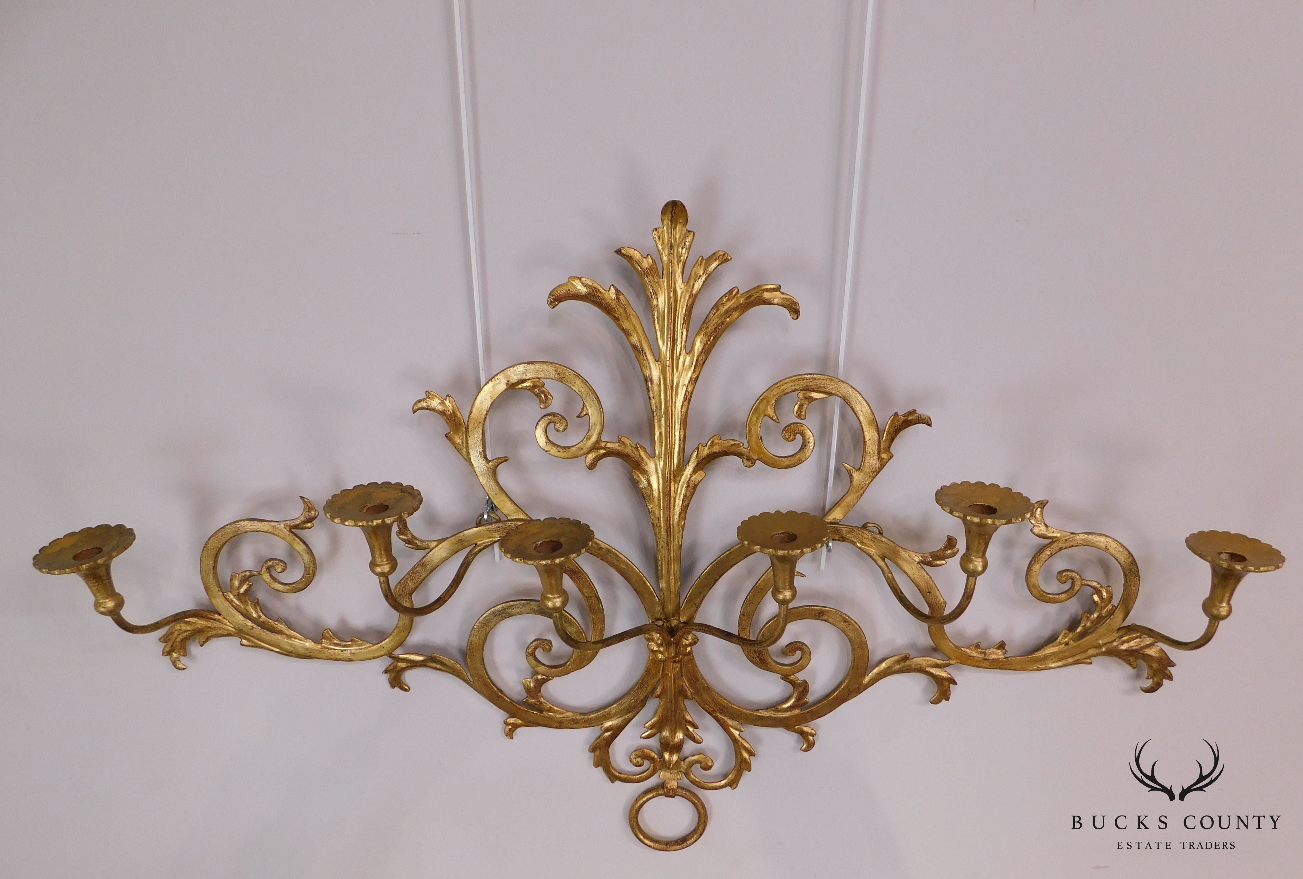 1950's Italian Gilt Metal Large 6 Candle Holder Wall Sconce