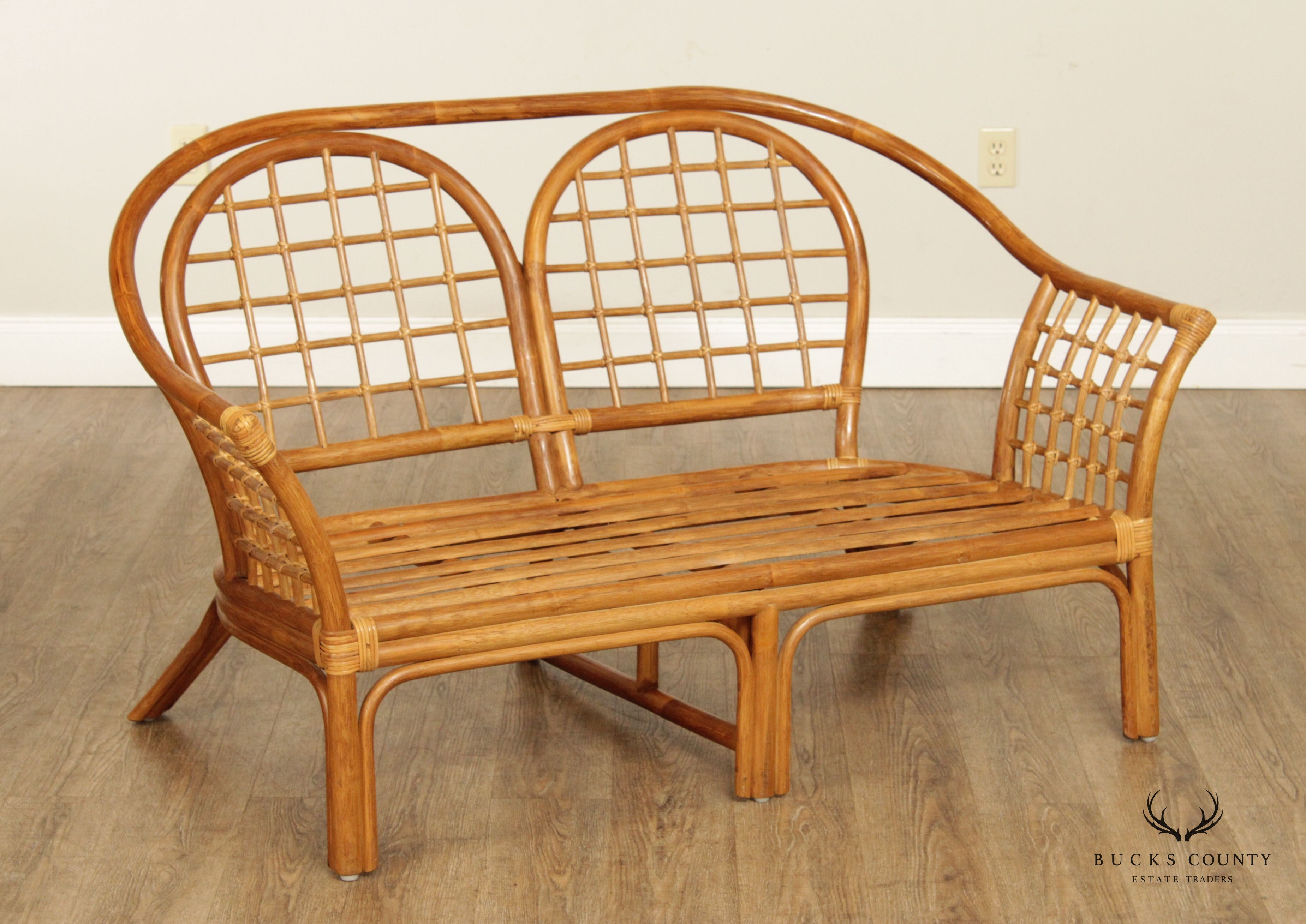 Mid Century Pair Bentwood Rattan Loveseats with Custom Cushions