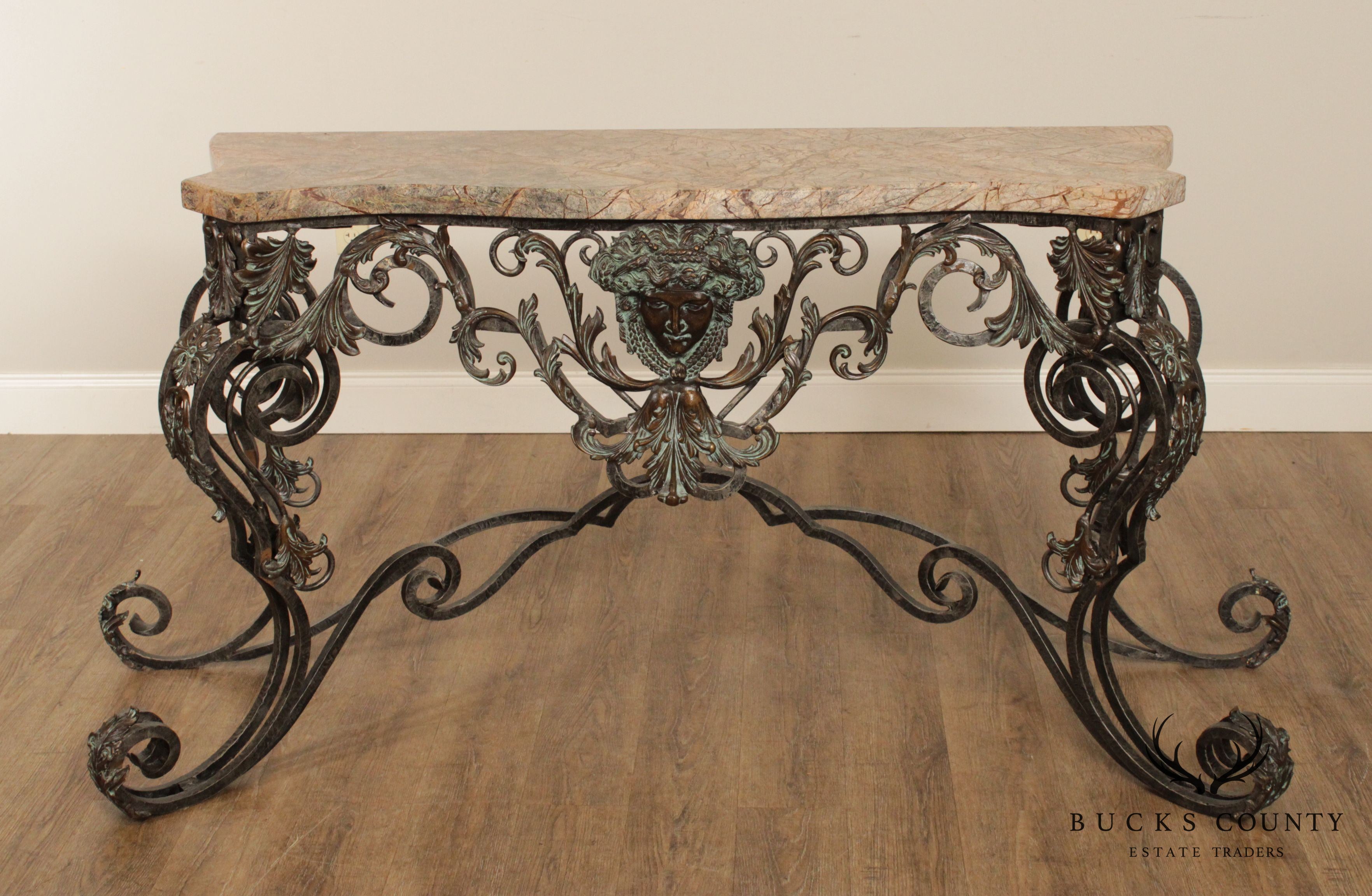 Maitland Smith Louis XIV Style Wrought Iron and Bronze Marble Top Console with Mirror