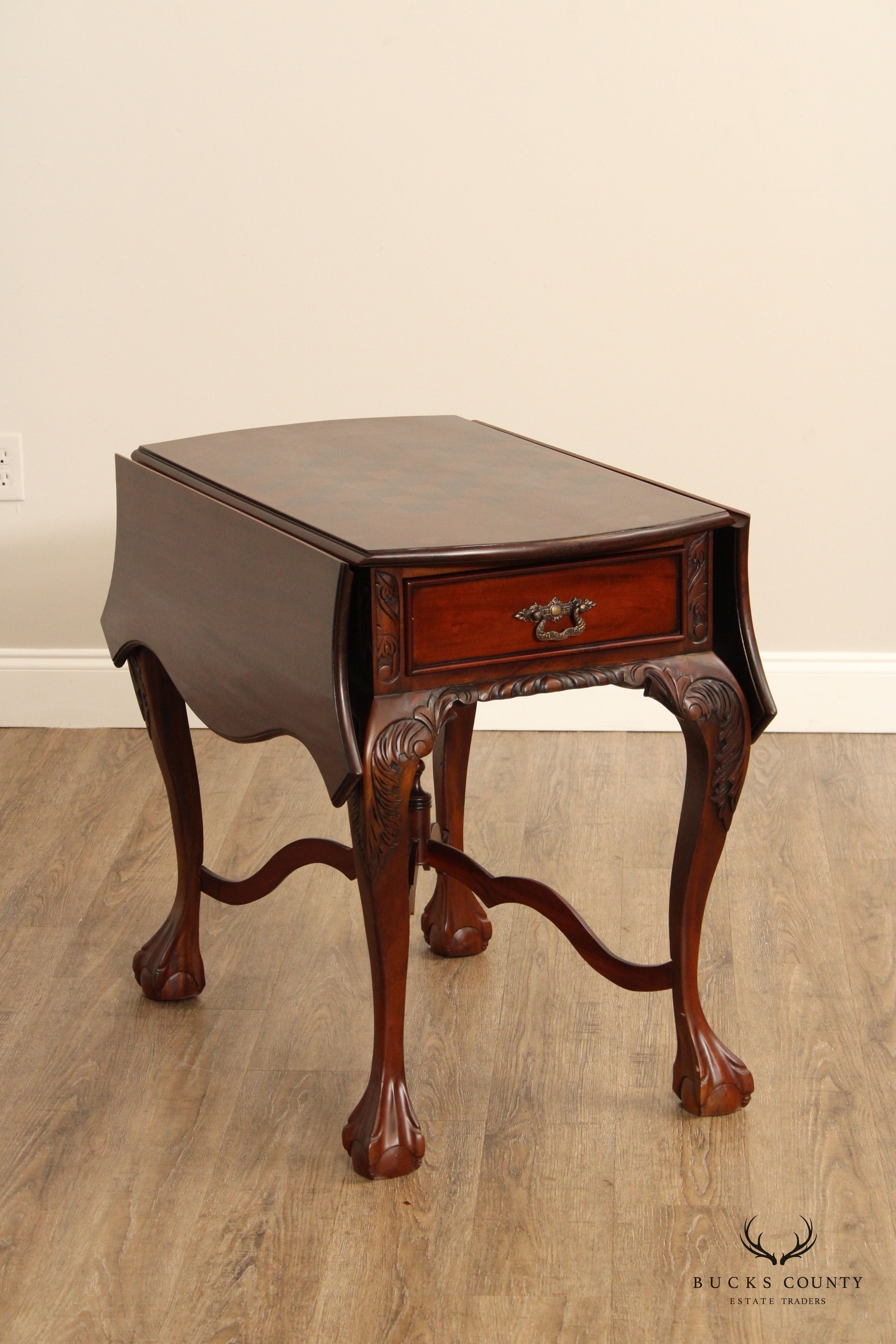 Chippendale Style Carved Mahogany Drop Leaf Game Table