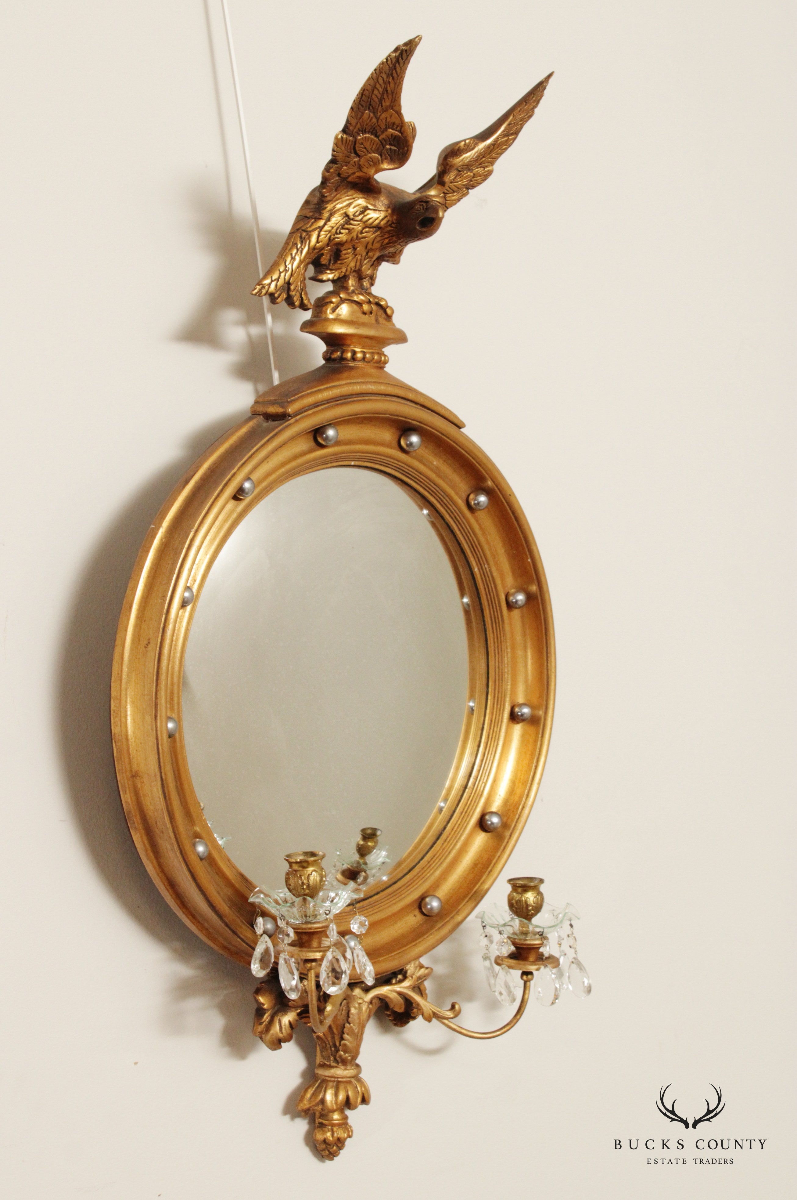 American Federal Style Gilt Eagle Carved Convex Girandole Mirror