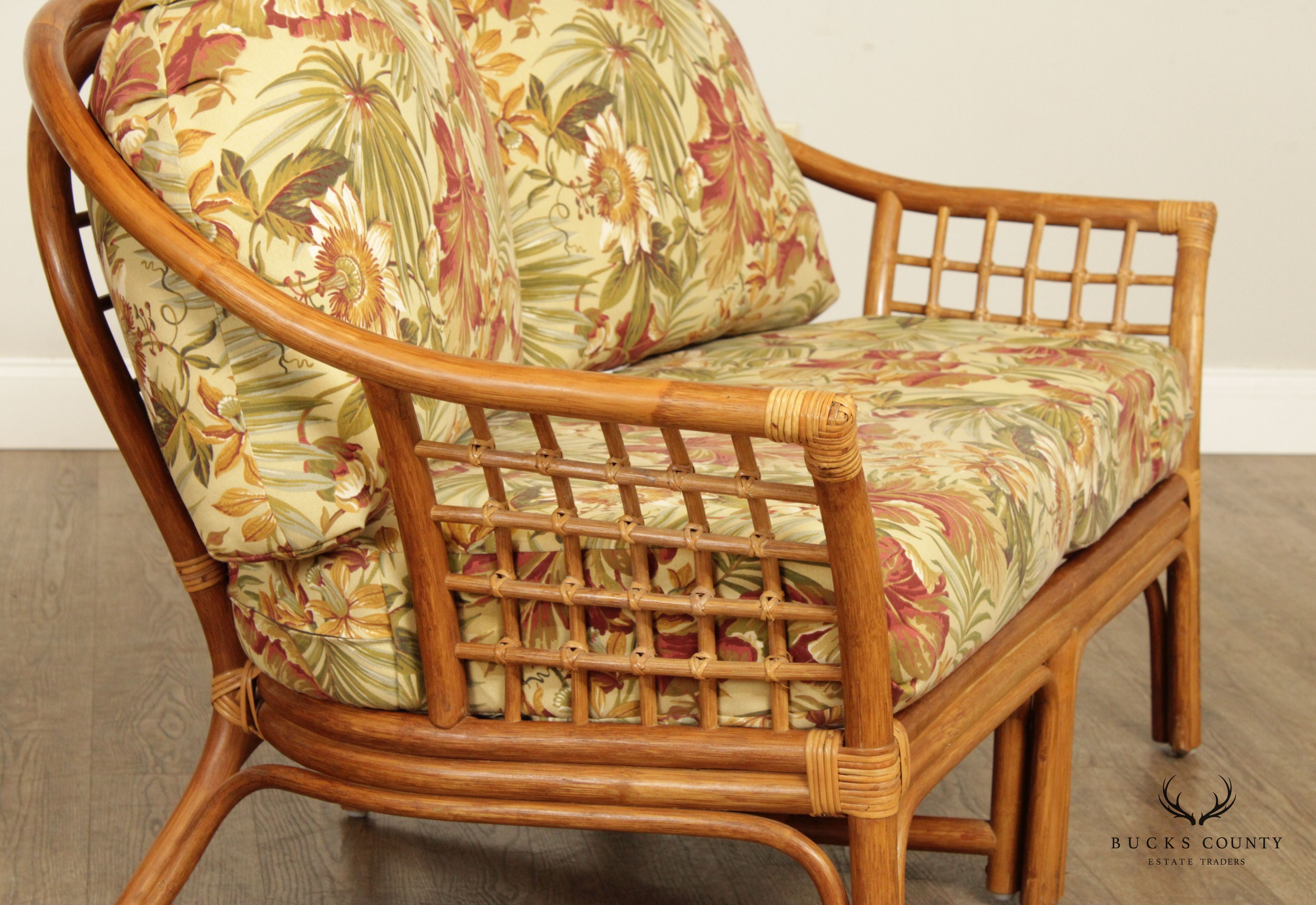 Mid Century Pair Bentwood Rattan Loveseats with Custom Cushions