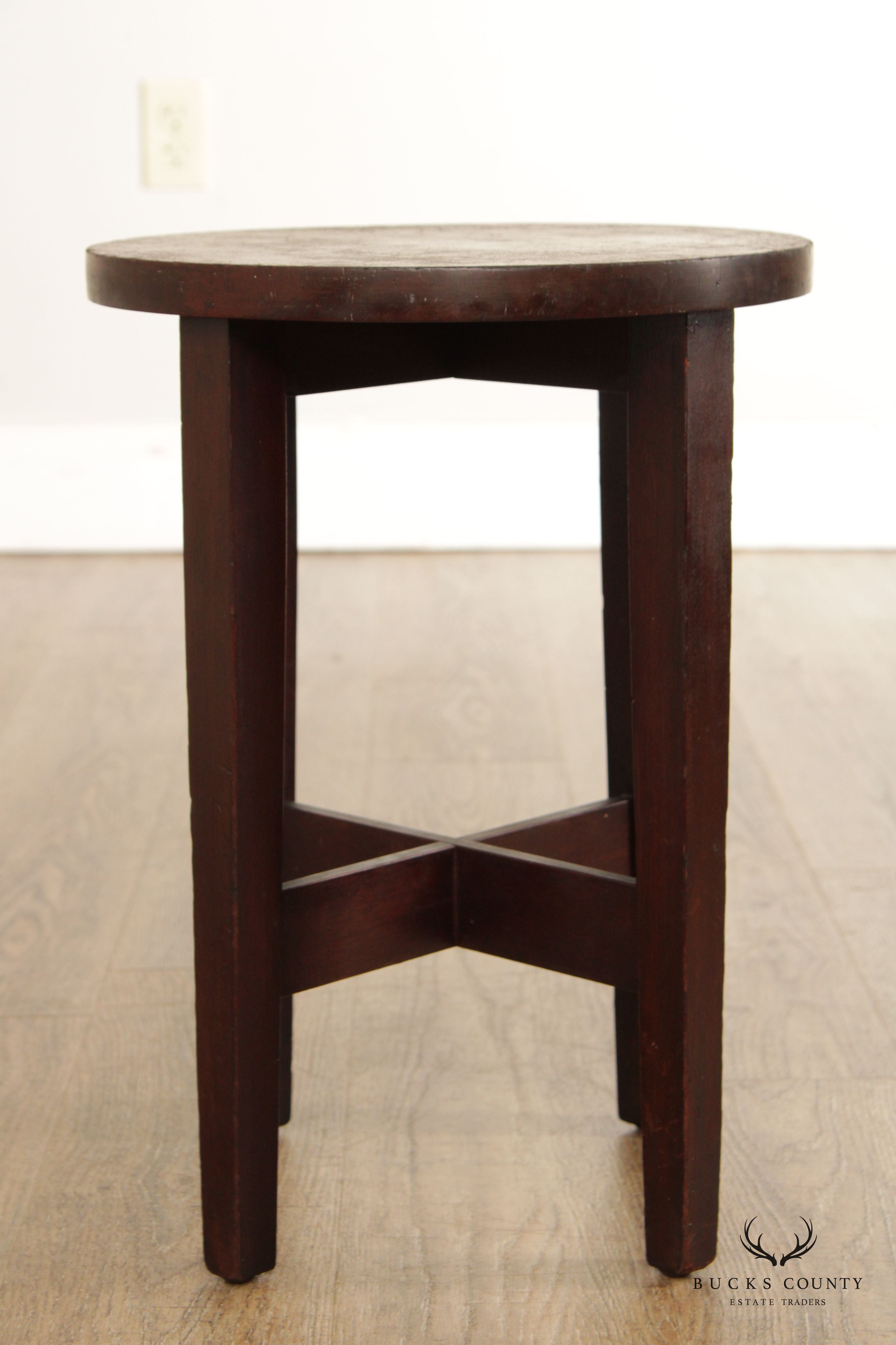 Antique Mission Style Mahogany Round Taboret Lamp Table