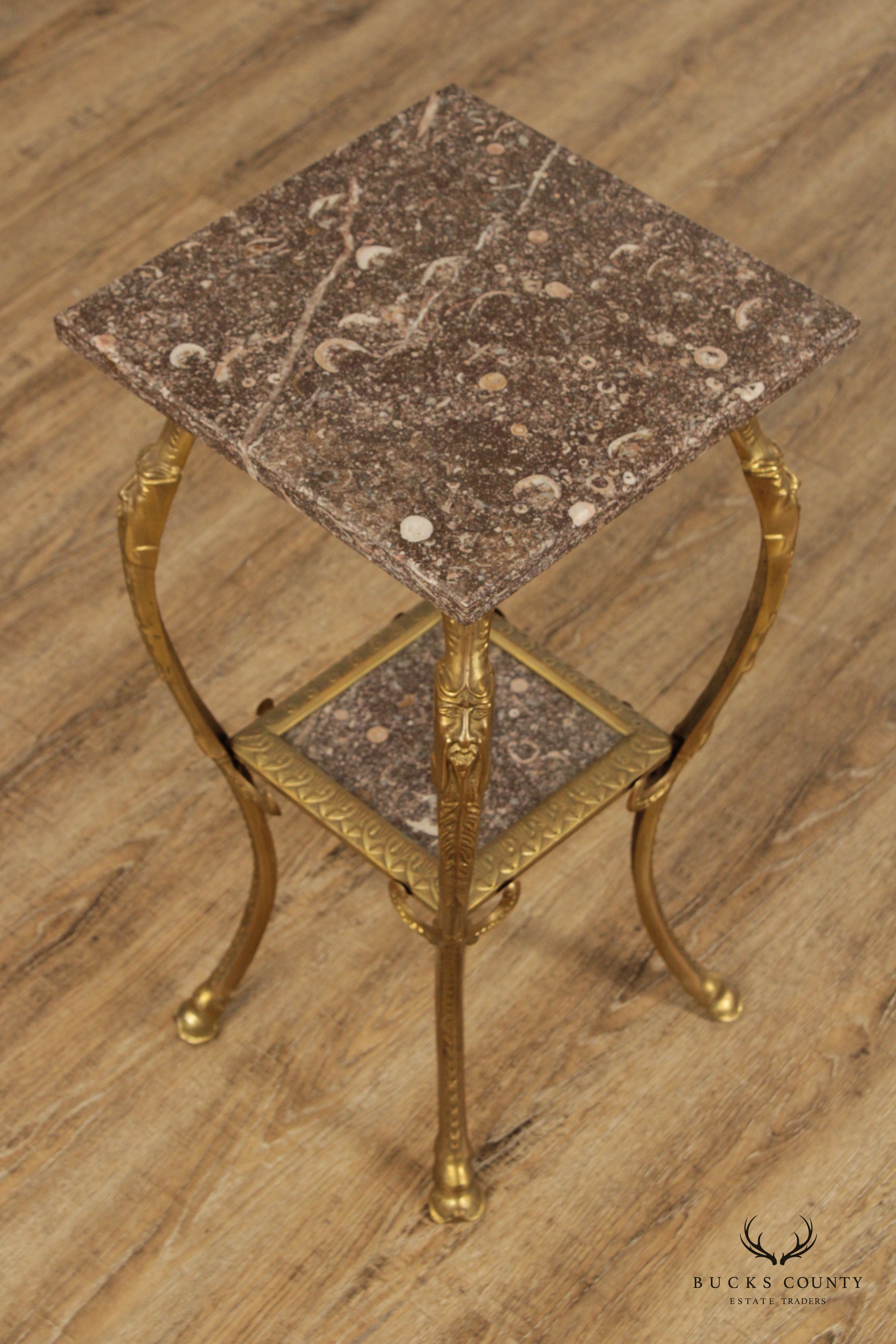 Victorian Art Nouveau Brass Marble Top Plant Stand