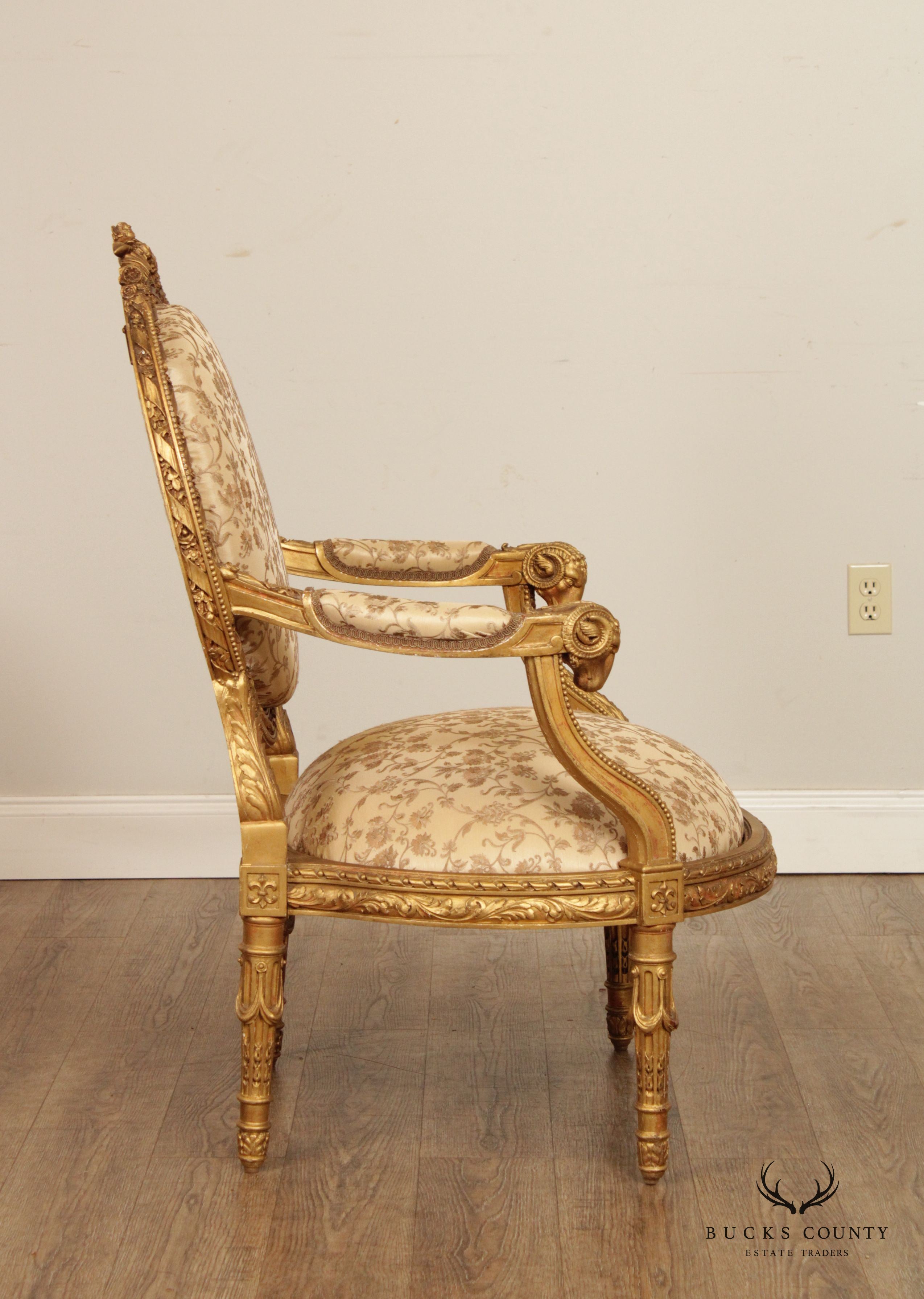 Antique French Louis XVI Style Carved Giltwood Fauteuil Armchair