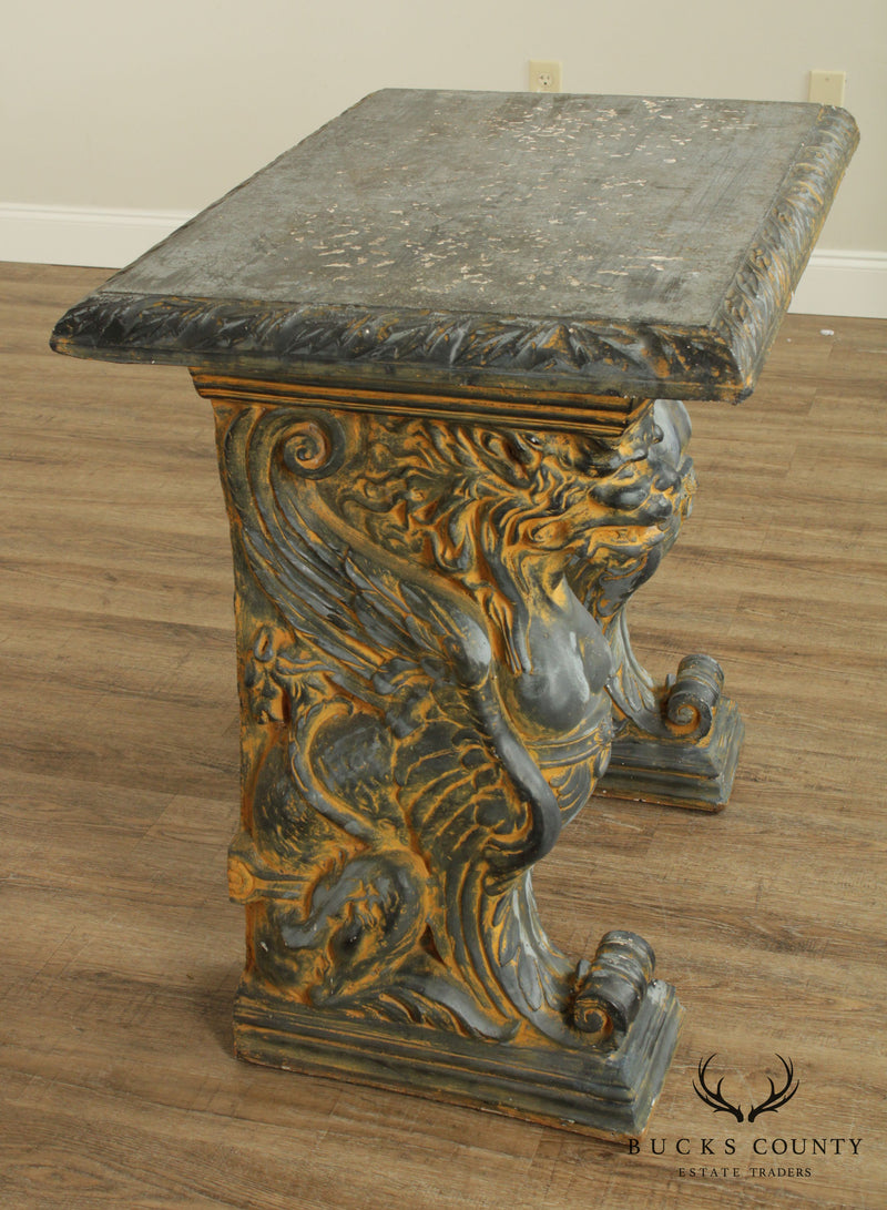 Vintage Cast Stone Winged Griffin Console Table