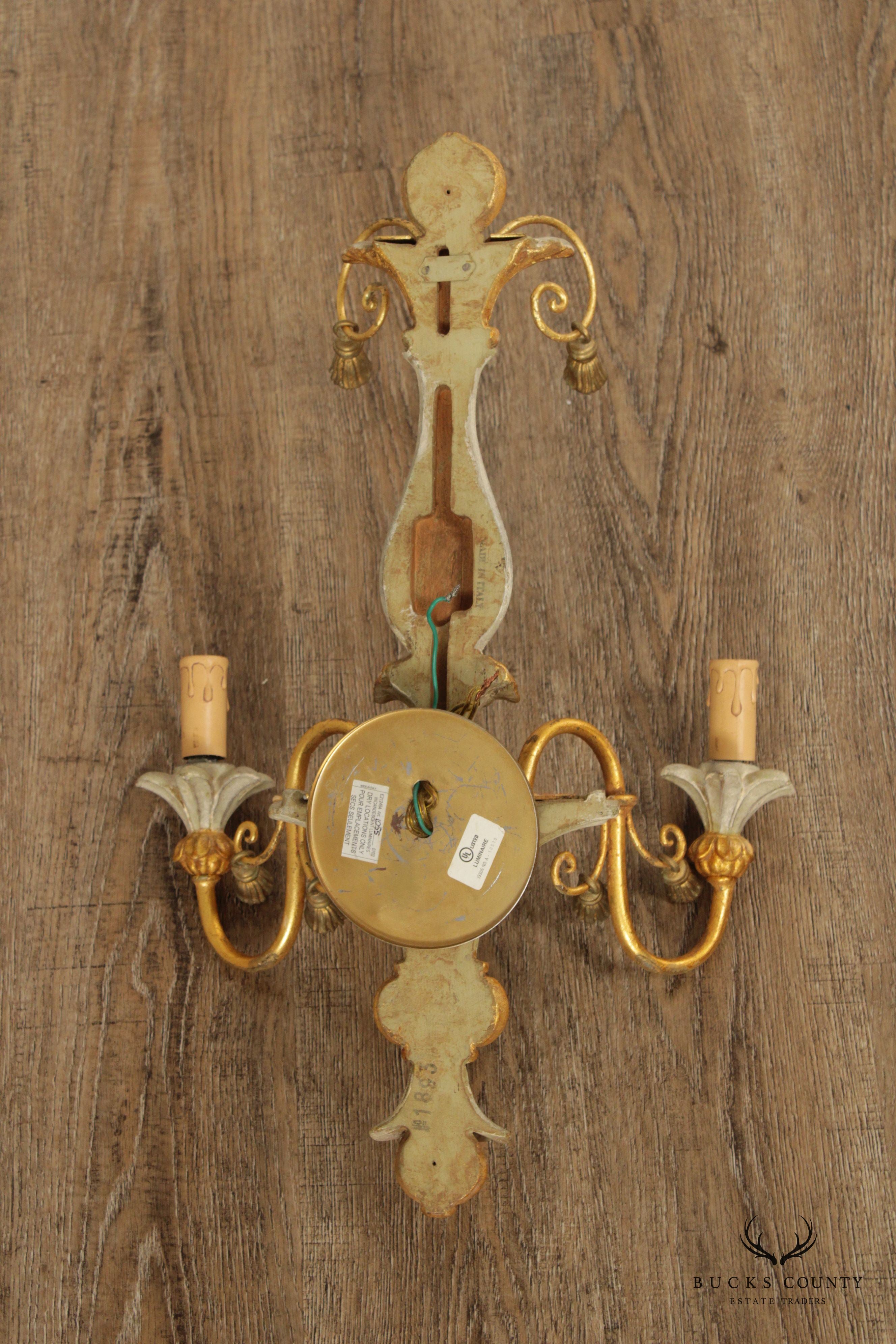 Italian Hollywood Regency Pair Parcel Gilt 2-Light Wall Sconces