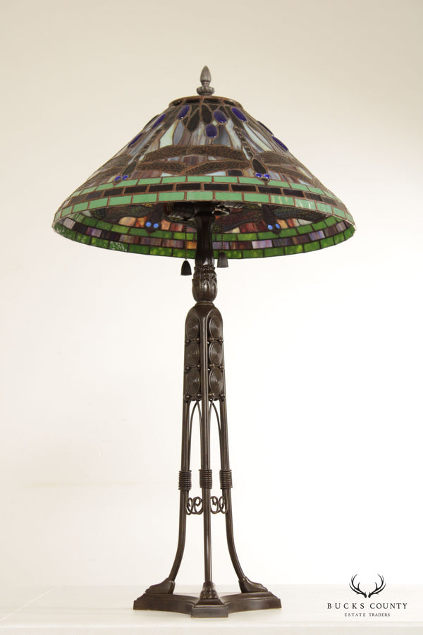 Quoizel Art Nouveau Style Dragon Fly Stained Glass Lamp