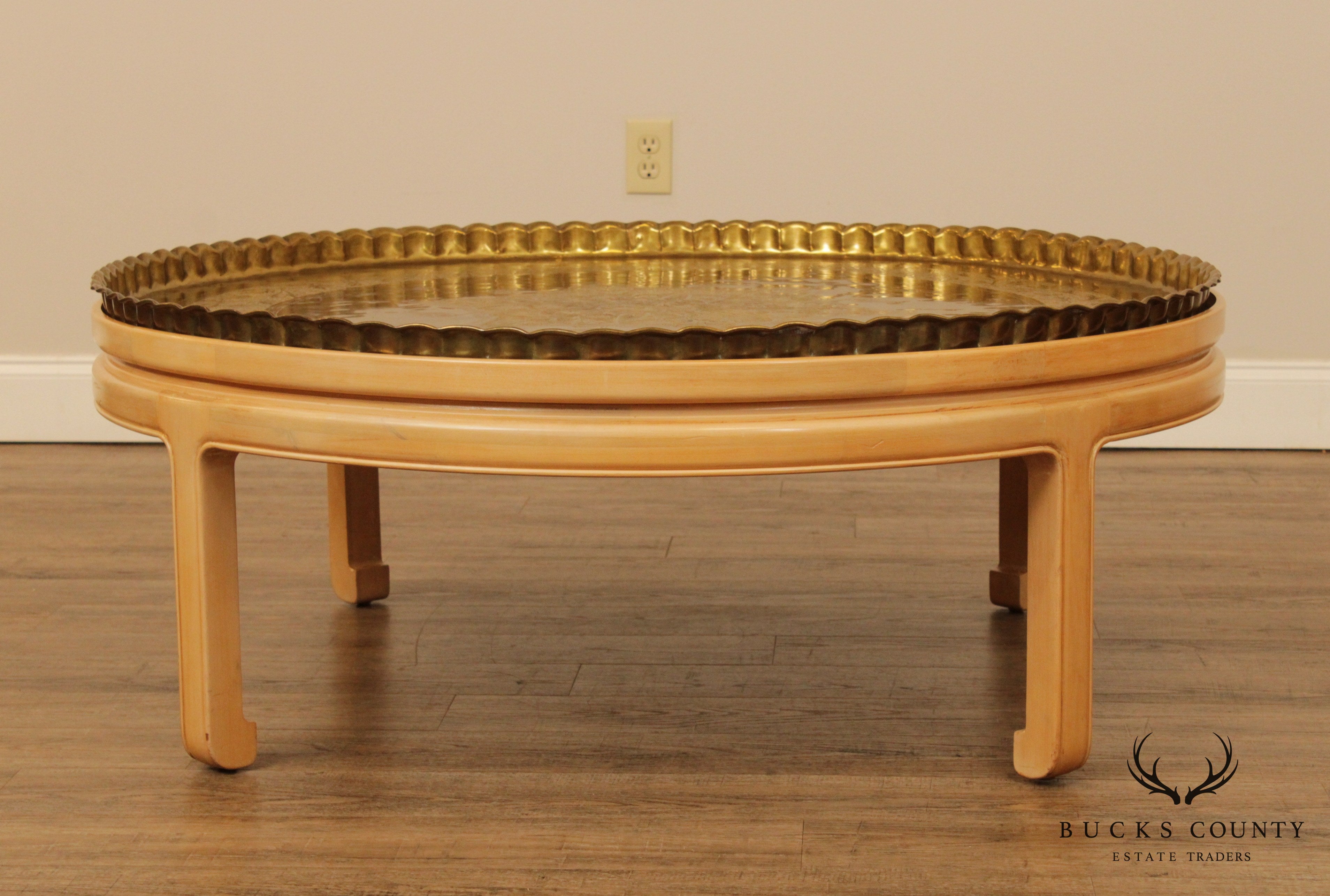 Mid Century Asian Inspired Round Brass Tray Top Coffee Table