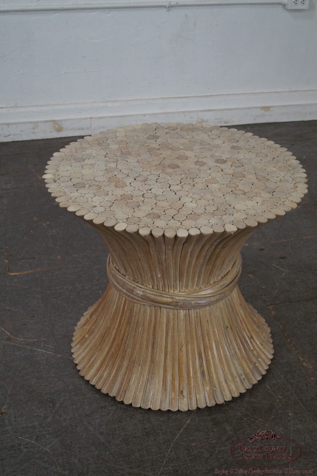 McGuire Style Rattan Wheat Sheaf Glass Top Side Table