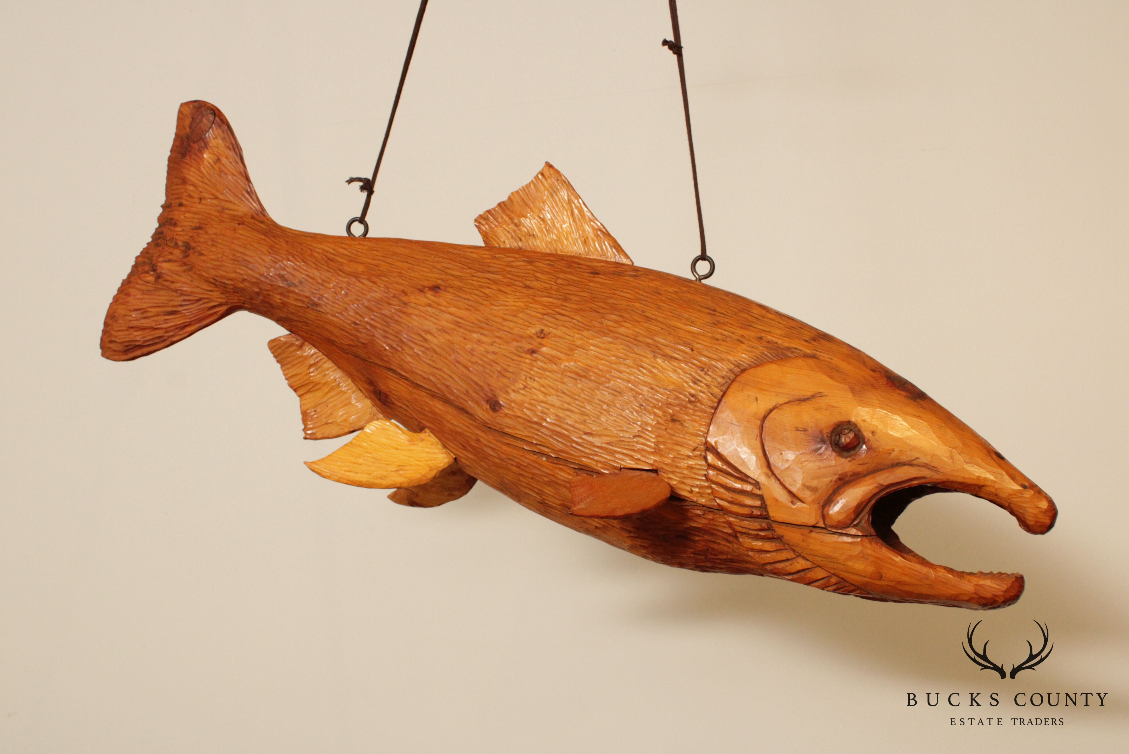 Vintage Rustic Wood Carved Salmon