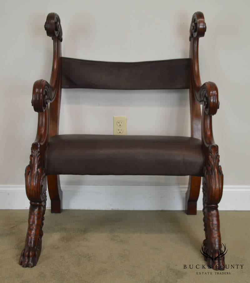 Antique 19th Century Unusual Italian Renaissance Revival Carved Claw Foot Leather Armchair