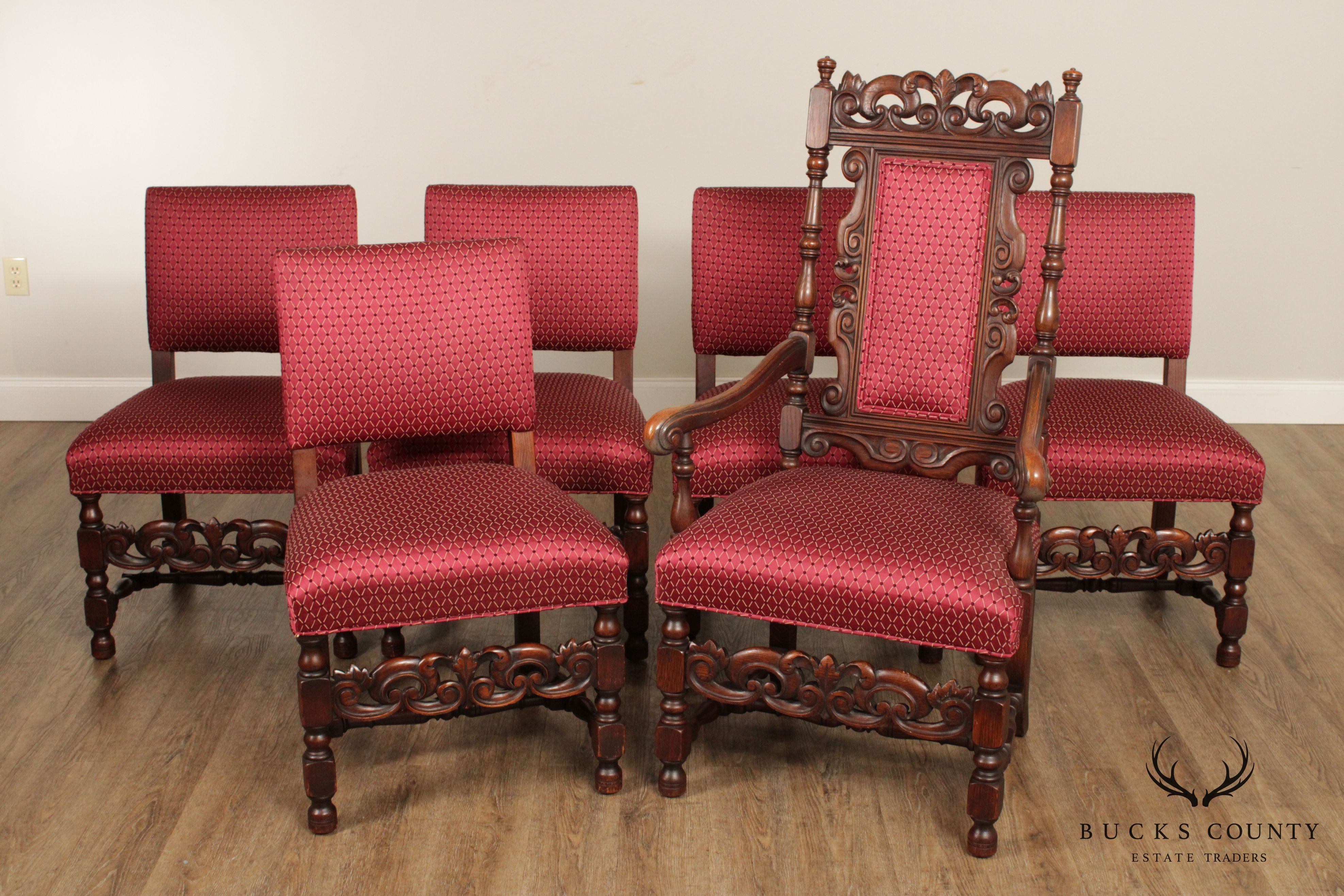 Jacobean Revival Vintage Set 6 Carved Walnut Dining Chairs