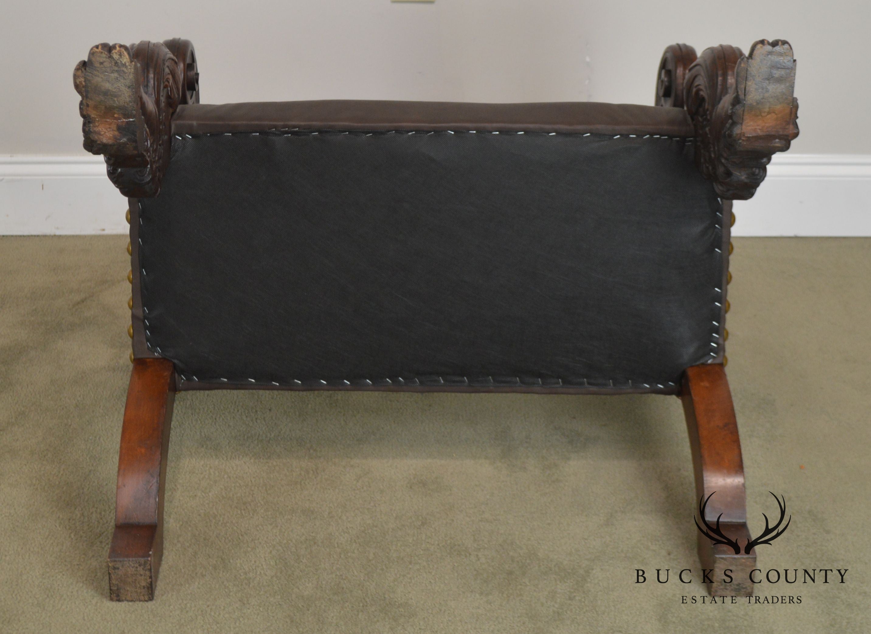 Antique 19th Century Unusual Italian Renaissance Revival Carved Claw Foot Leather Armchair