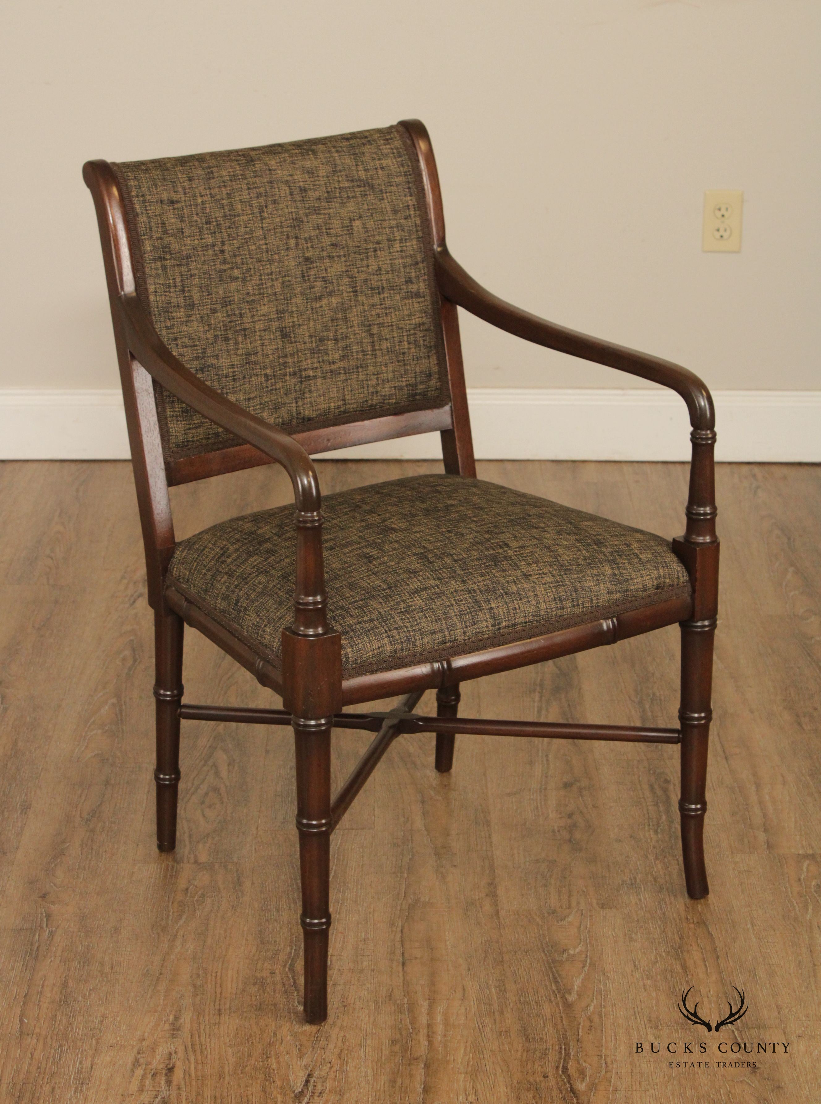 Regency Style Pair Faux Bamboo Mahogany Arm Chairs