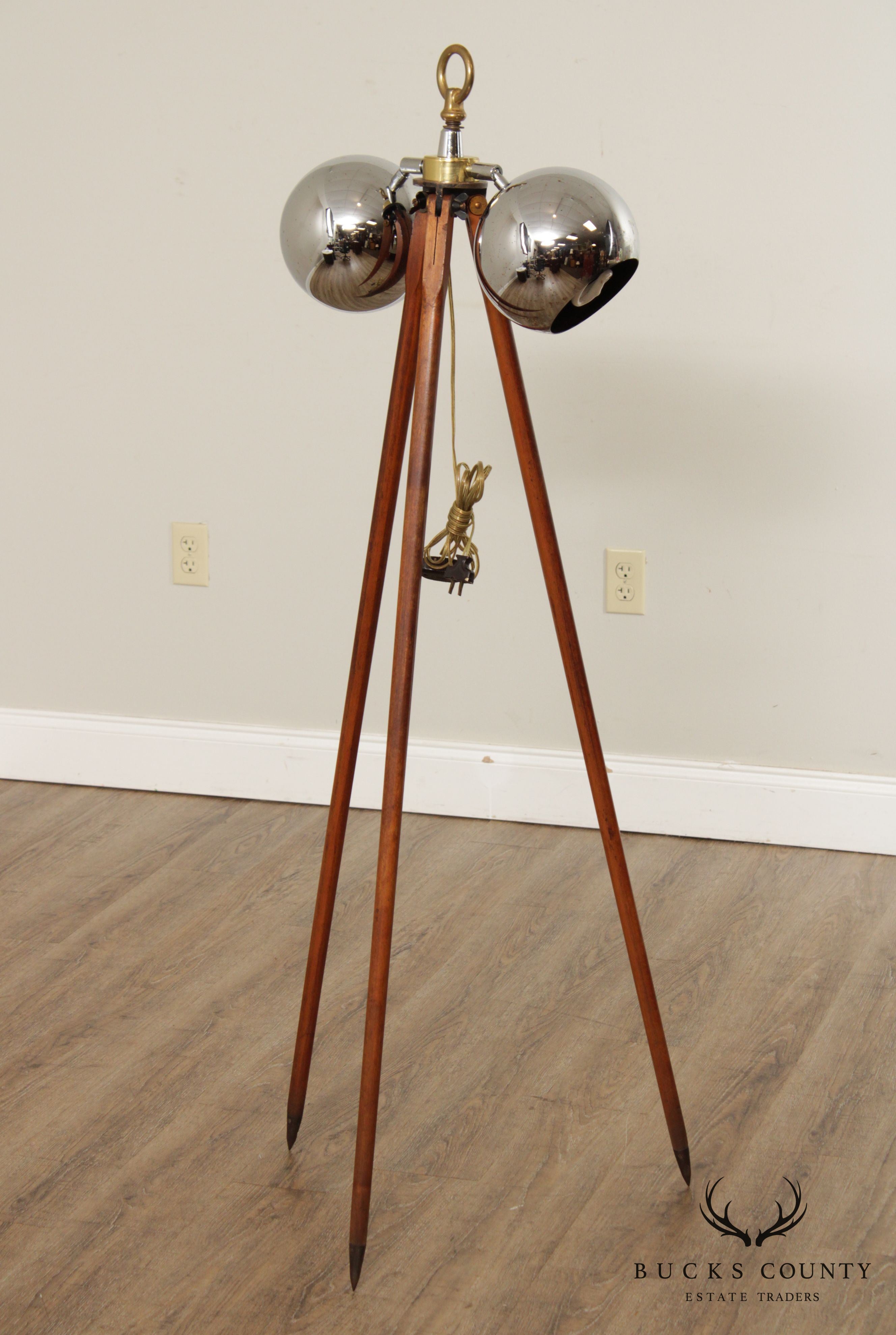 Mid Century Wooden Tripod Floor Lamp with Chrome Shades