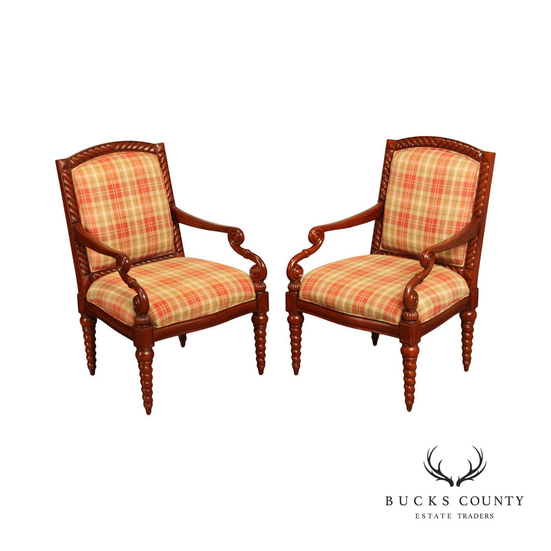 Bombay Company Pair Custom Plaid Upholstered Armchairs