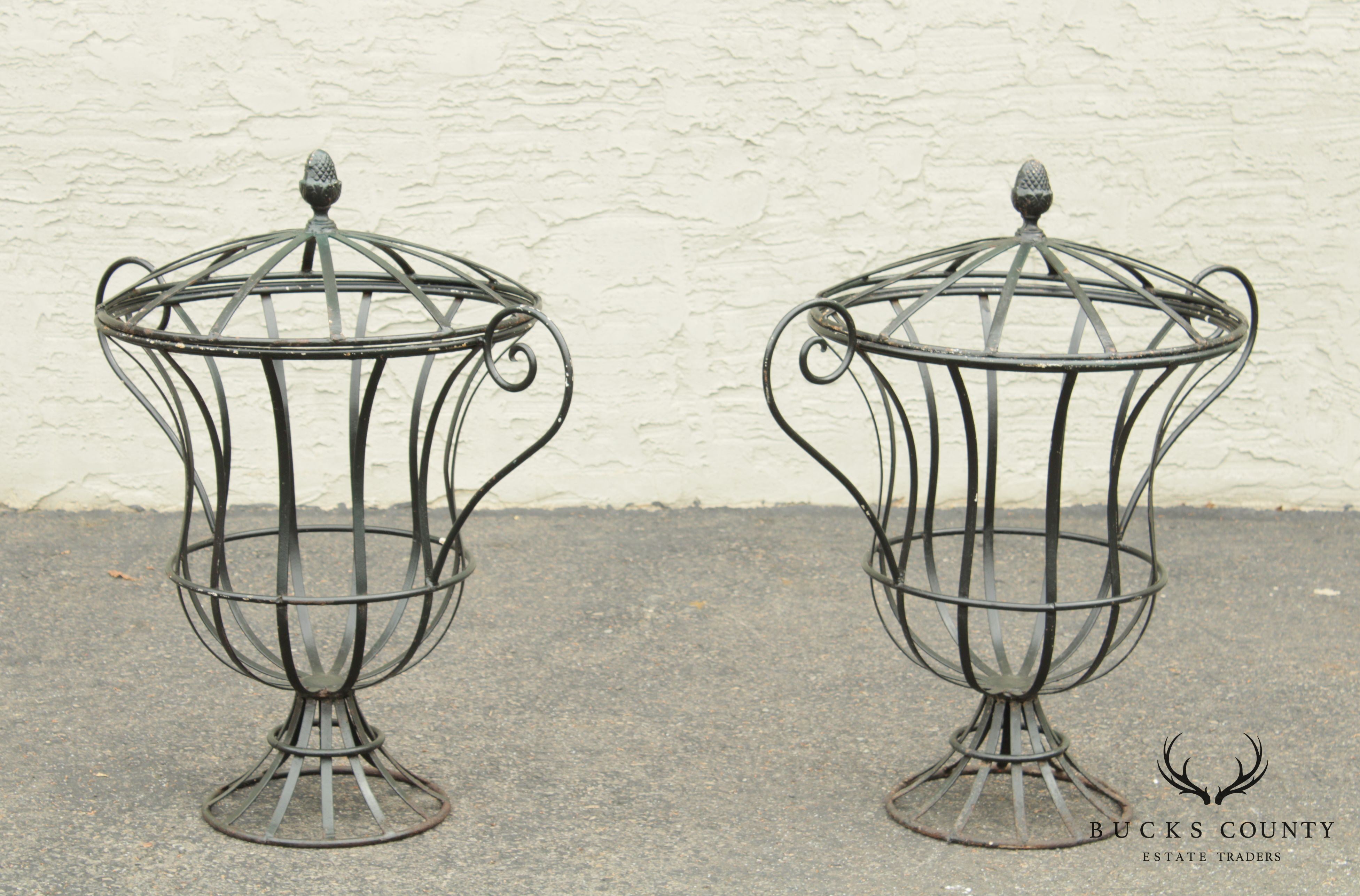 Vintage Pair Wrought Iron Garden Urn Topiary Planters