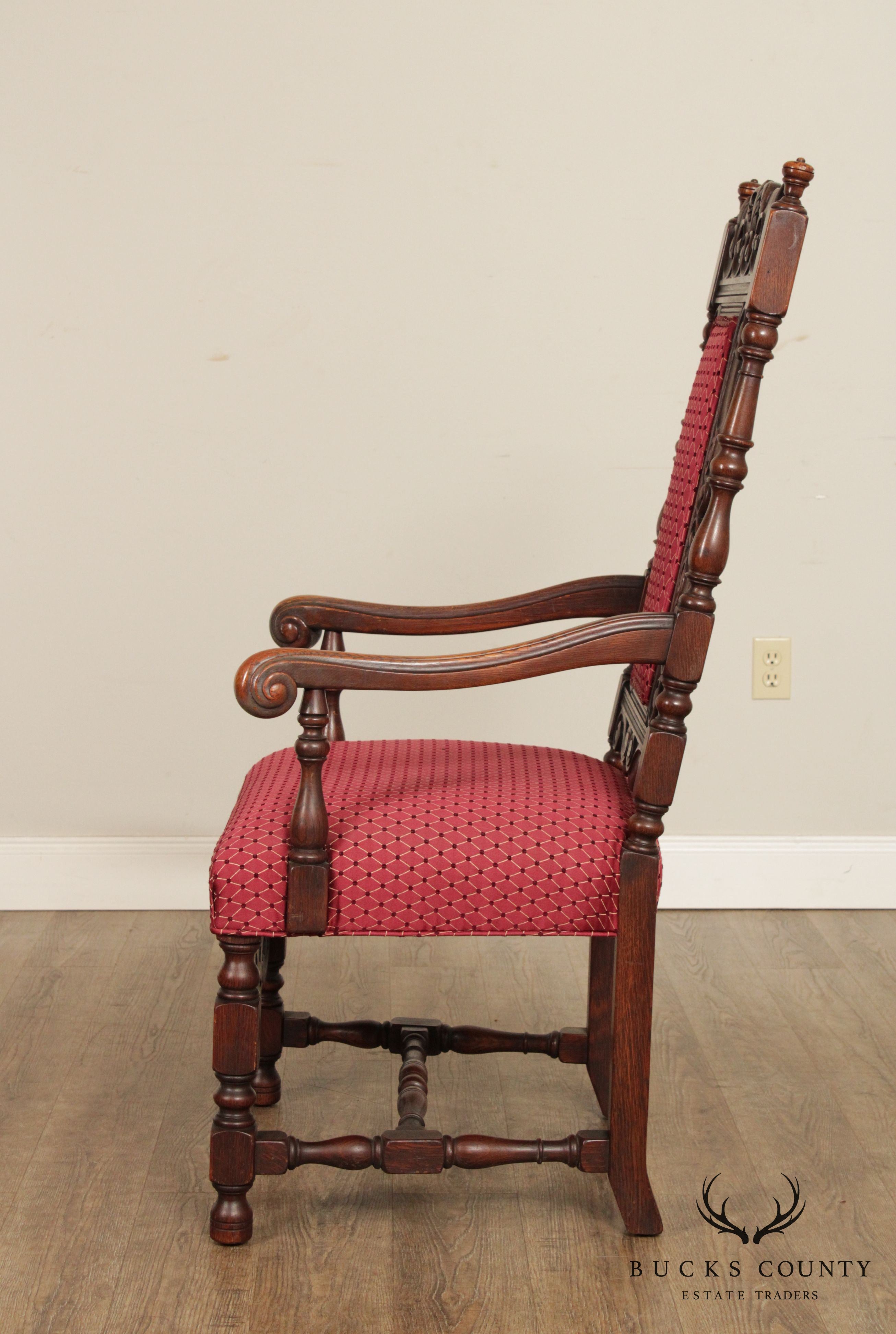 Jacobean Revival Vintage Set 6 Carved Walnut Dining Chairs