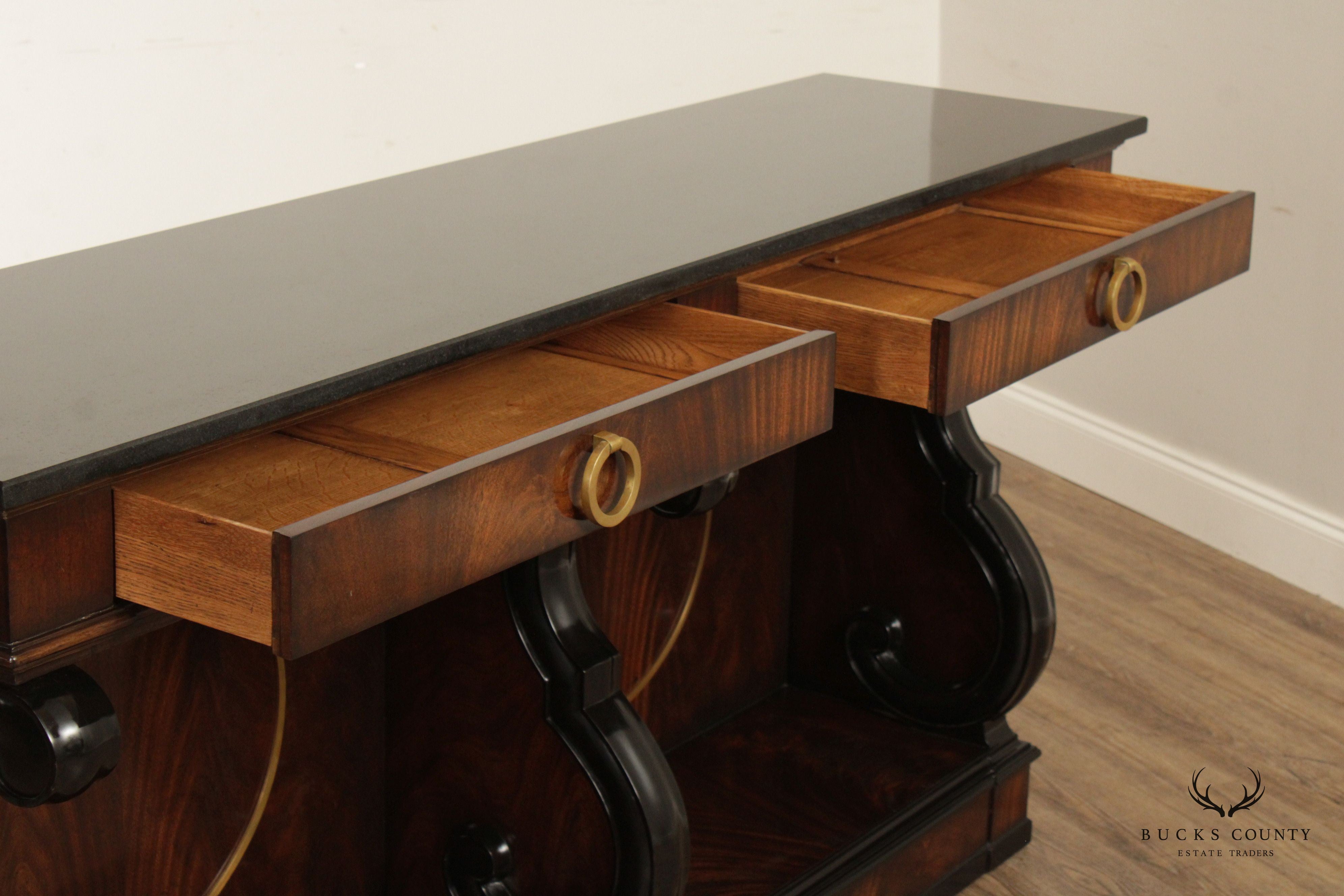 Mahogany Regency Style Granite Top Sideboard with Scroll Brackets