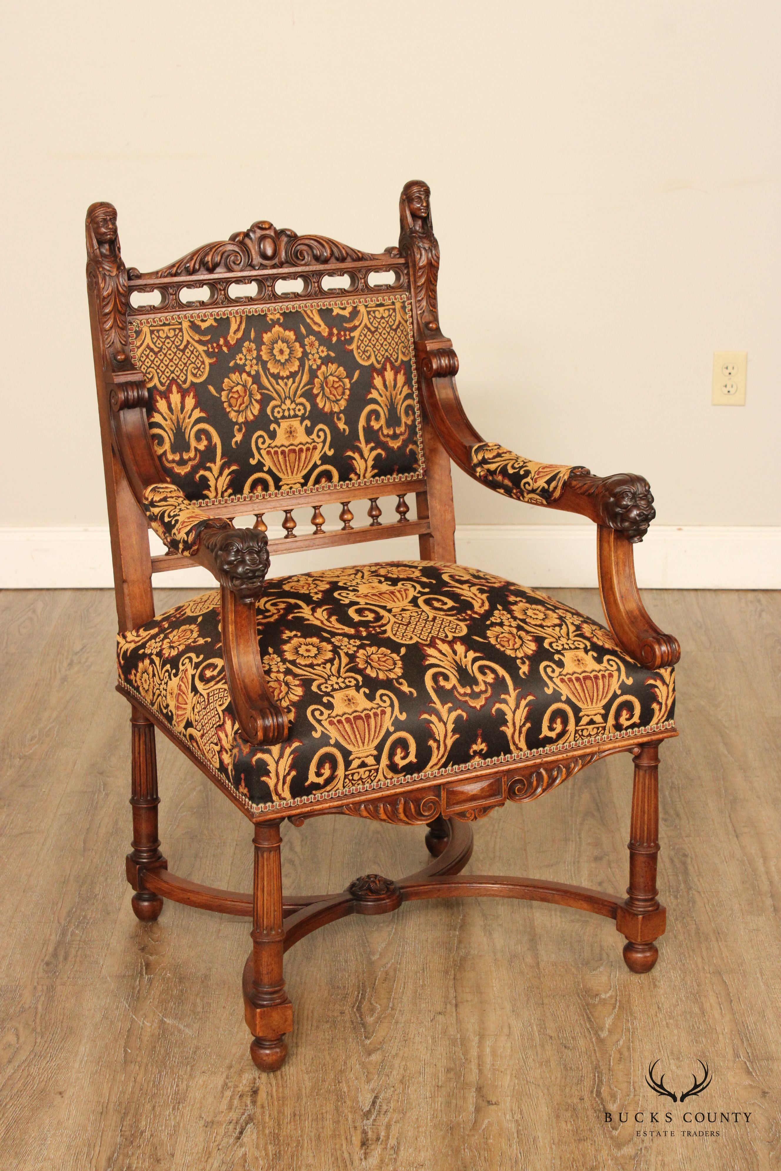 Antique French Renaissance Revival Style Carved Walnut Throne Armchair