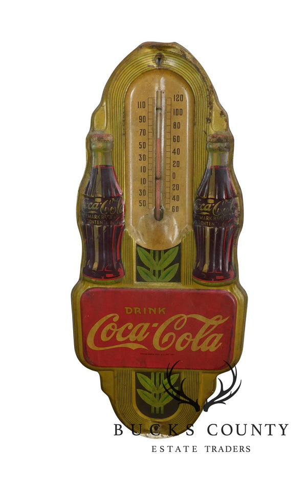 1940's Art Deco Vintage Coca Cola Embossed Tin Advertising Thermometer