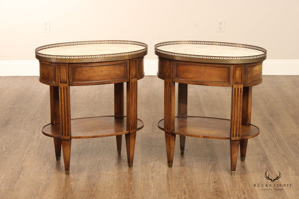 French Louis XVI Style Vintage Pair of Marble Top Walnut Nightstands