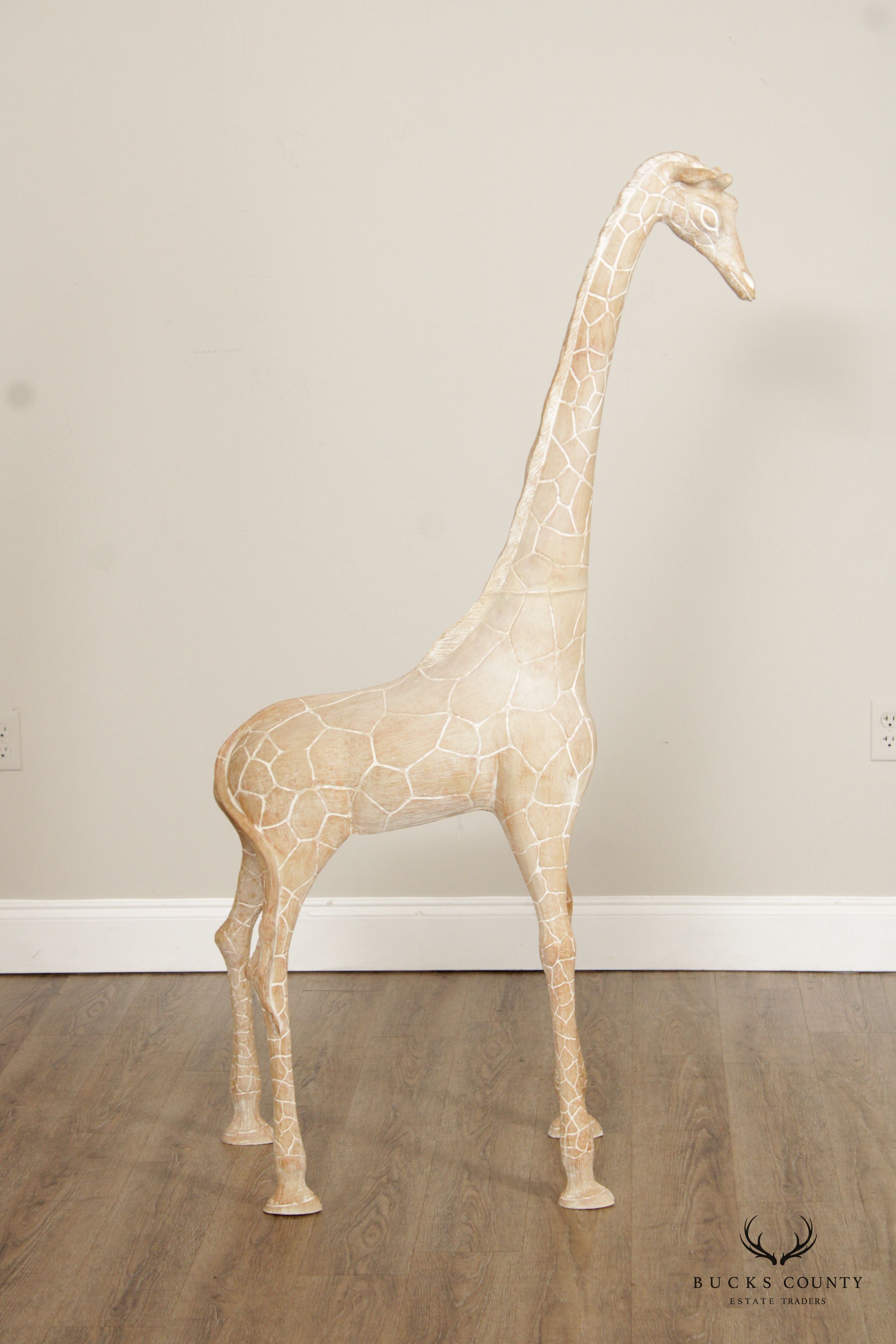 Pair of Tall Vintage Carved Wood Giraffe Sculptures