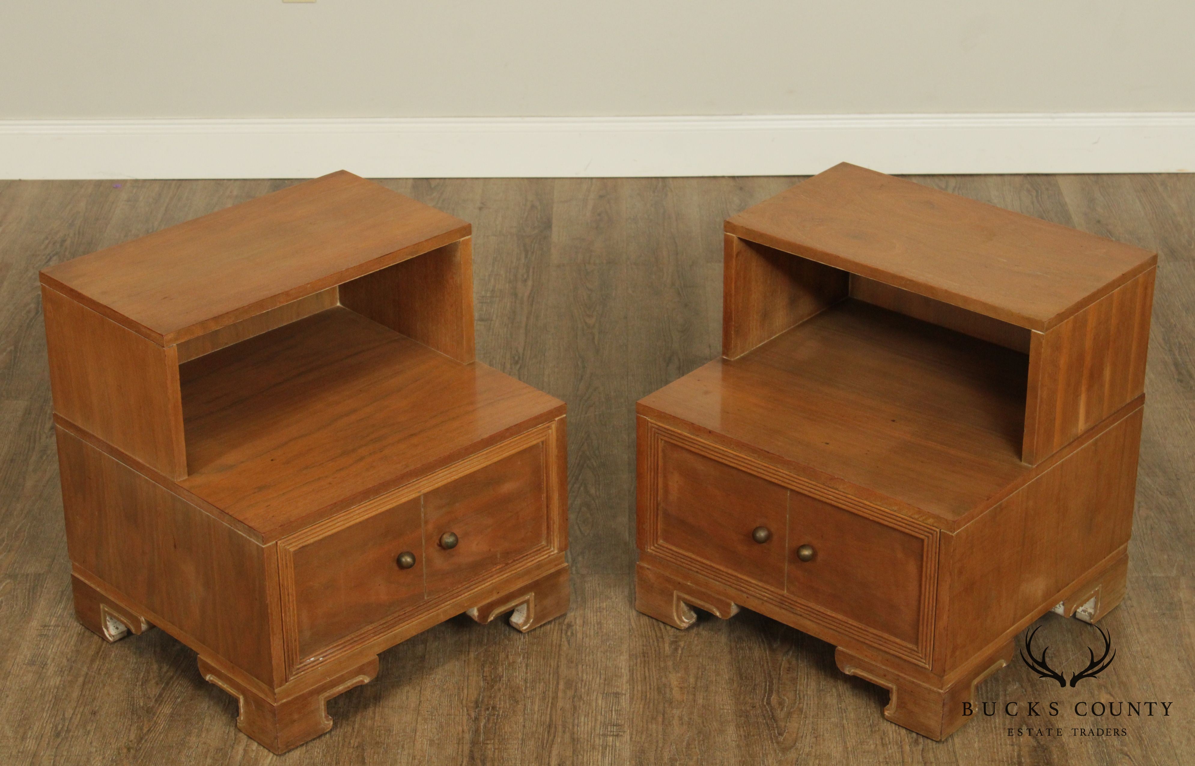 Mid Century Modern James Mont Inspired Pair Walnut Step Nightstands