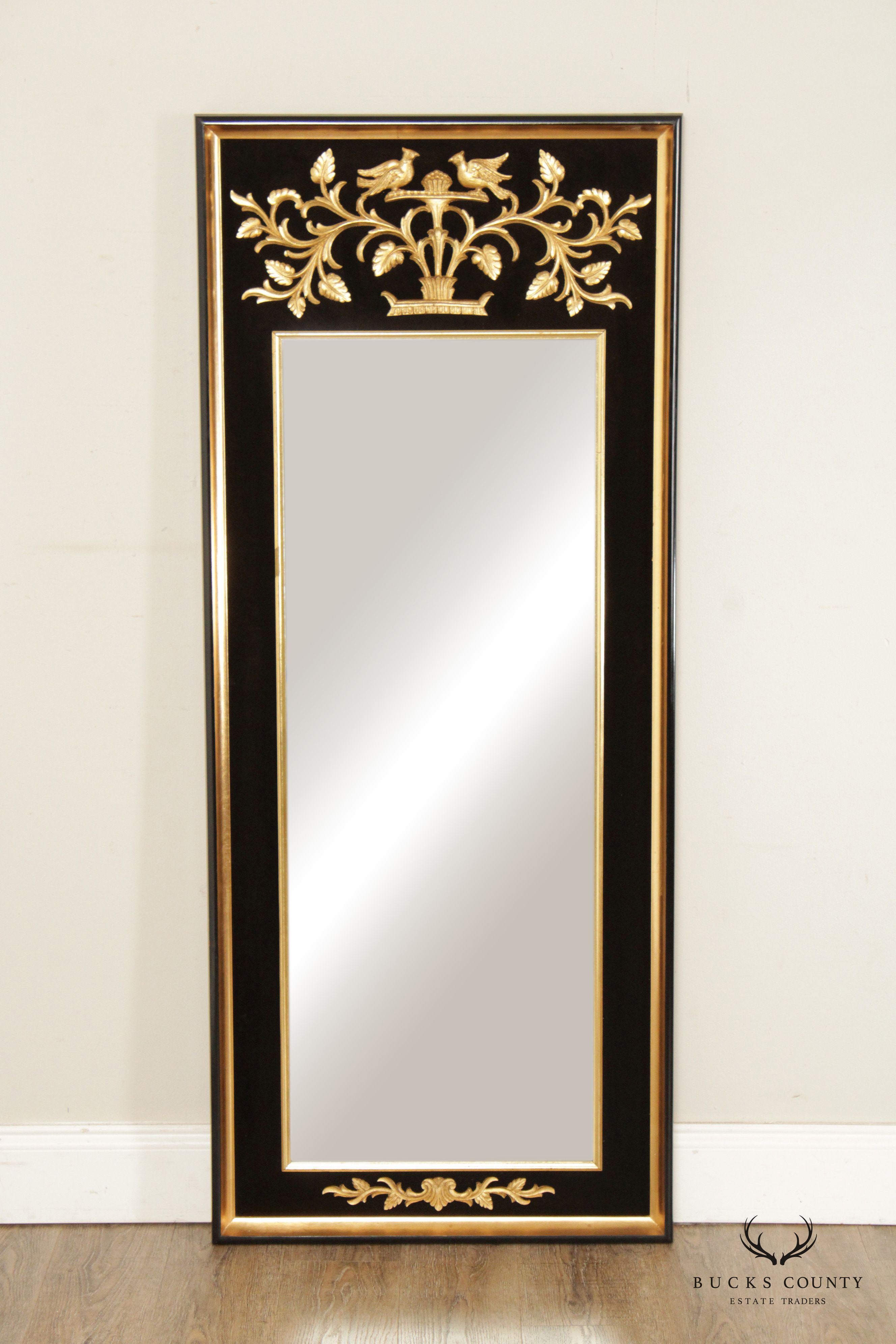 La Barge Neoclassical Style Black and Gilt Trumeau Mirror