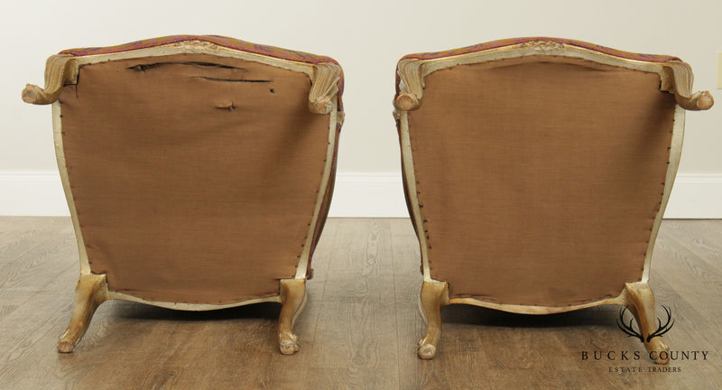 Hollywood Regency French Louis XV Style Vintage Gilt Wood Frame Pair Fauteuil Armchairs