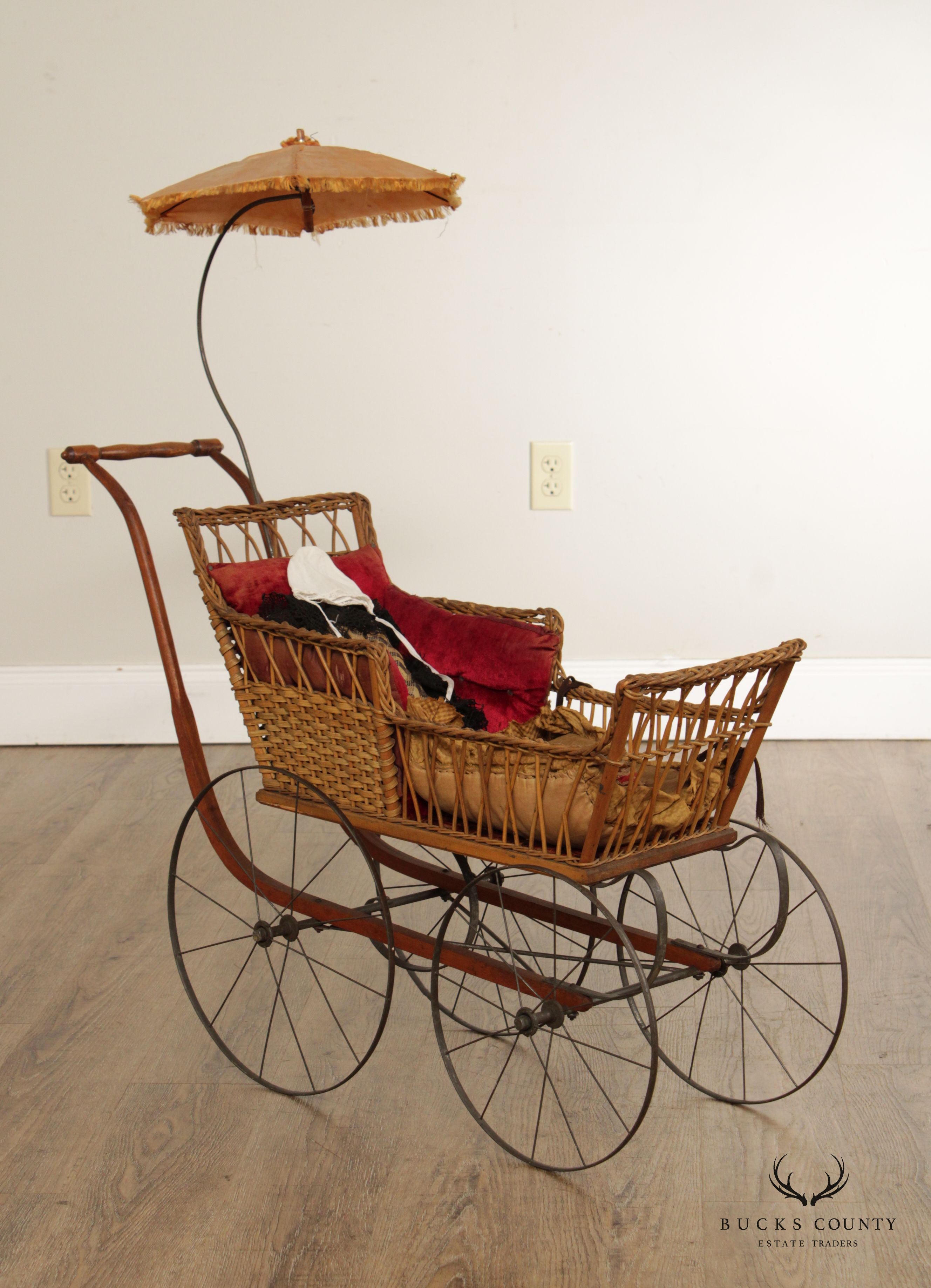 Antique Victorian Wicker Carriage Stroller with Umbrella