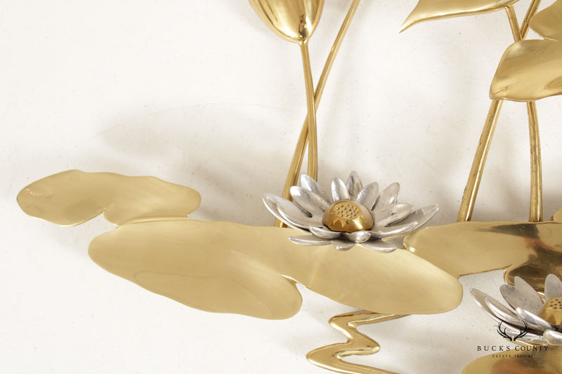 Bijan Asian Modern Water Lilies Gilt Gold Enamel Wall Sculpture