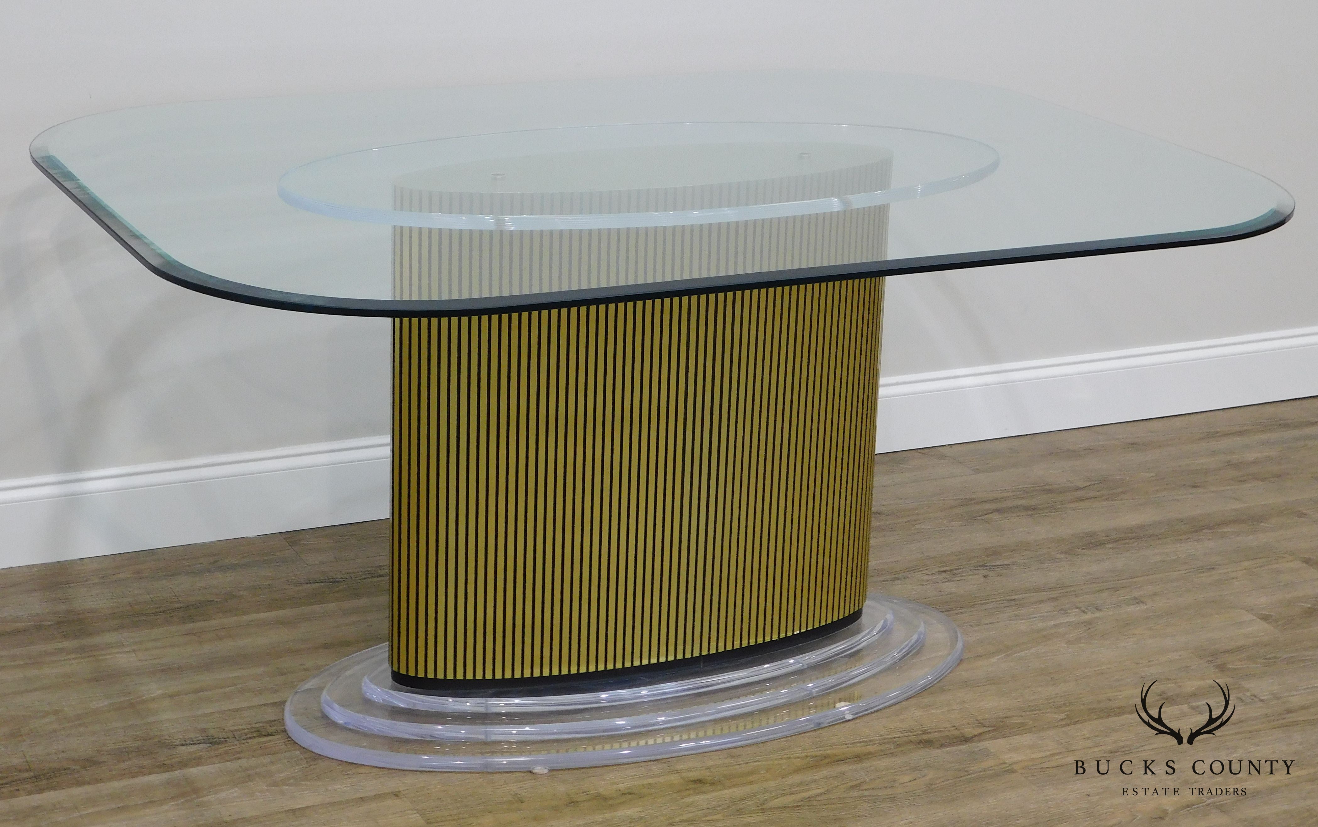 Mid Century Modern Lucite and Gold pedestal Base Glass Top Dining Table