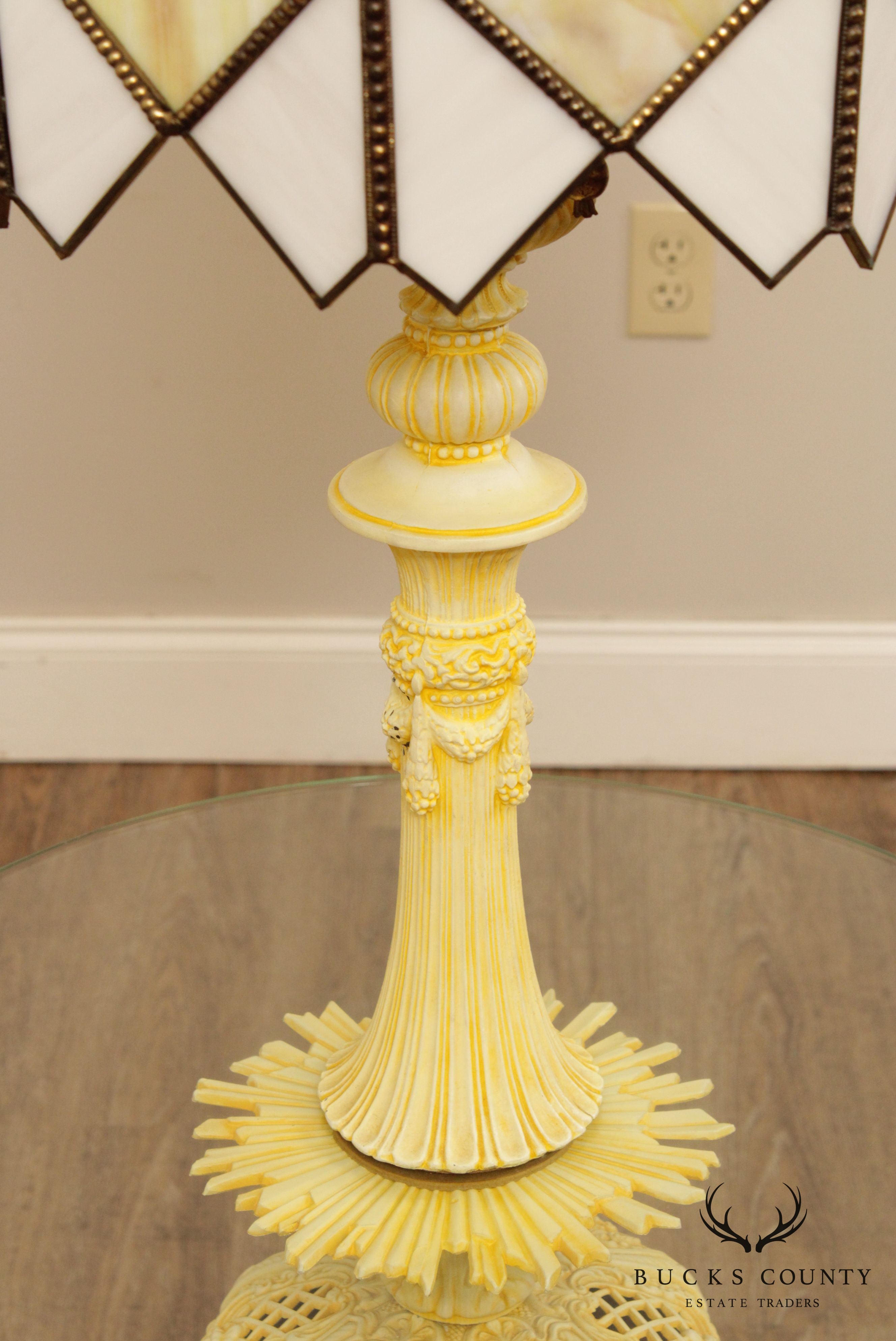 Hollywood Regency Vintage Yellow Slag Glass Floor Lamp Table