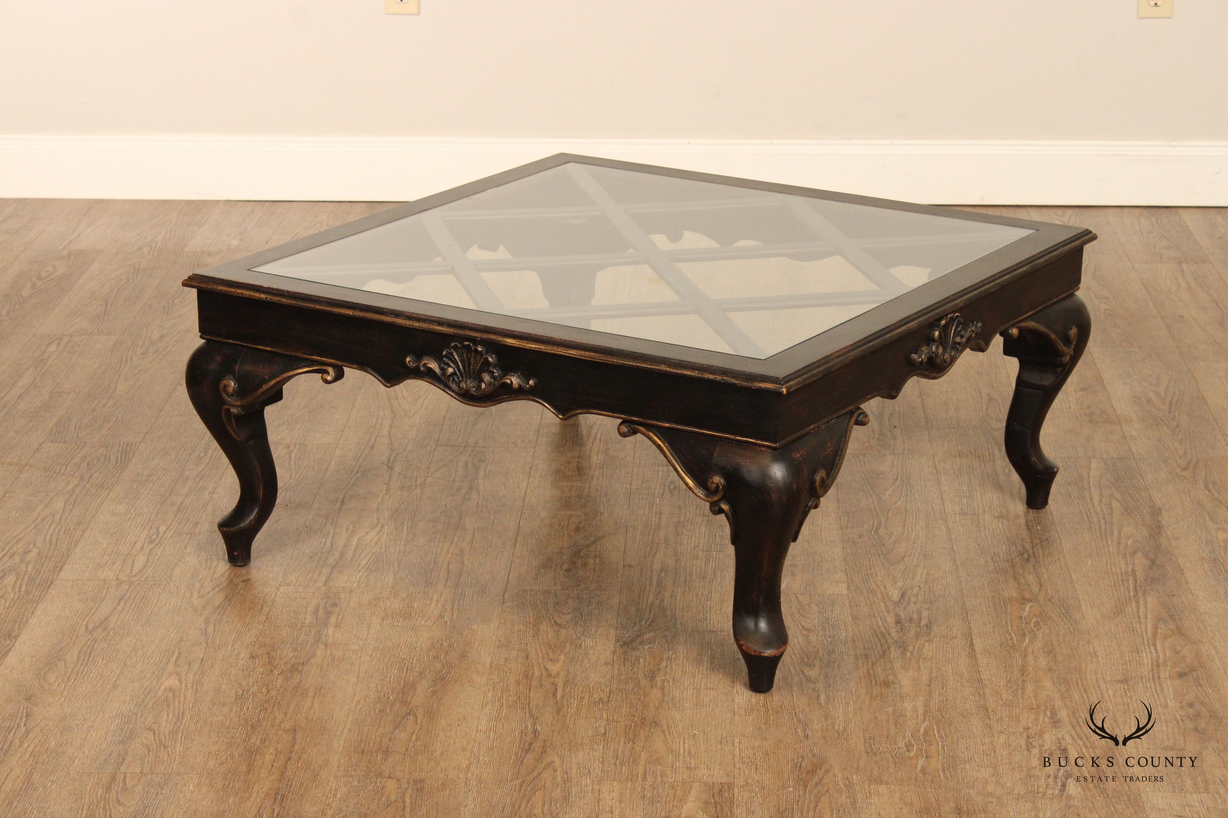 French Louis XV Style Ebonized Wood Glass Top Coffee Table